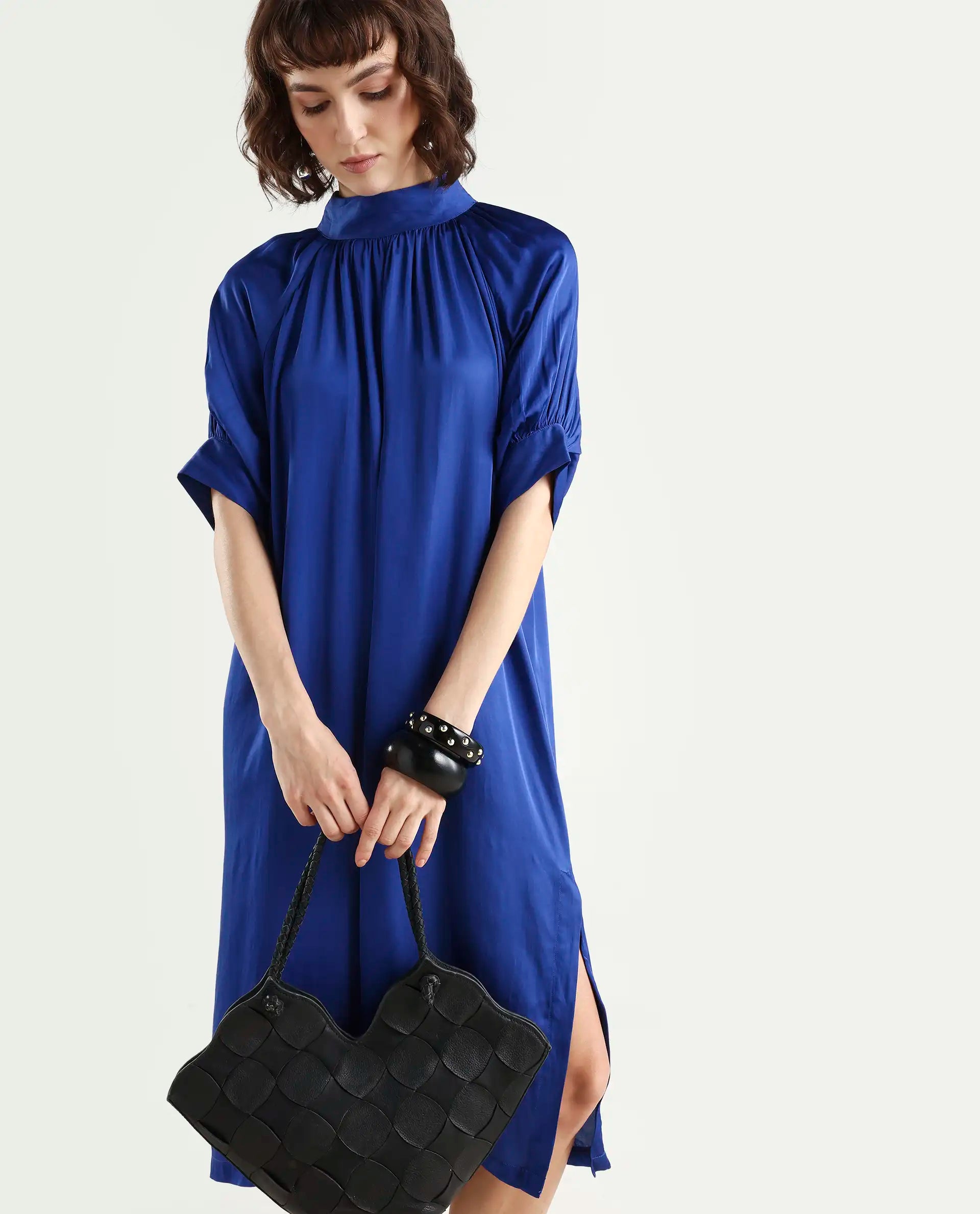 Rareism Women's Shiver Blue Modal Blend Sweetheart Neck Plain Puff Sleeves Midi Regular Fit Dress