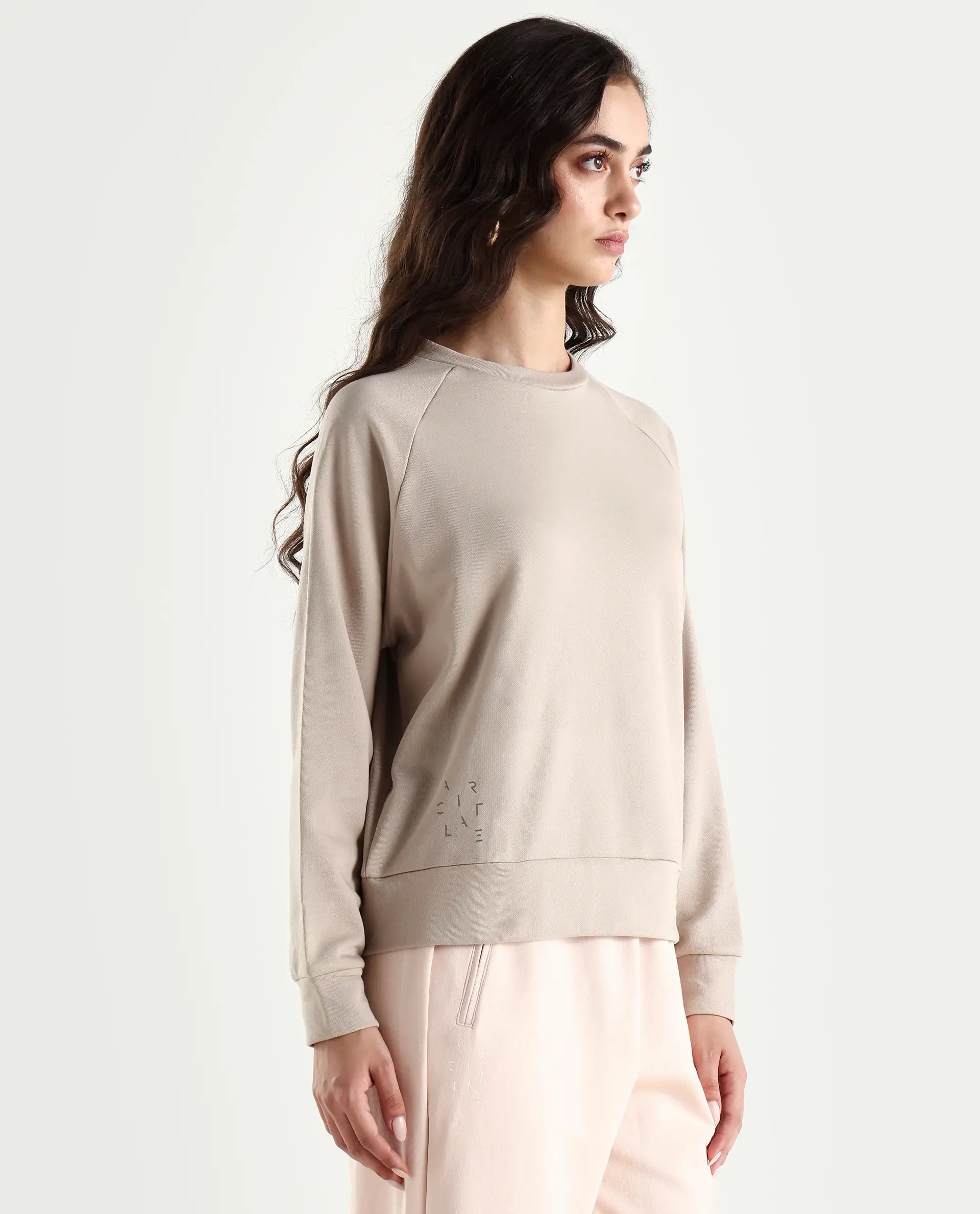 Rareism Women's Medium Weight Terry 290 Gsm Cotton Blend Crew Neck Plain Cuffed Sleeve Relaxed Fit Sweatshirt
