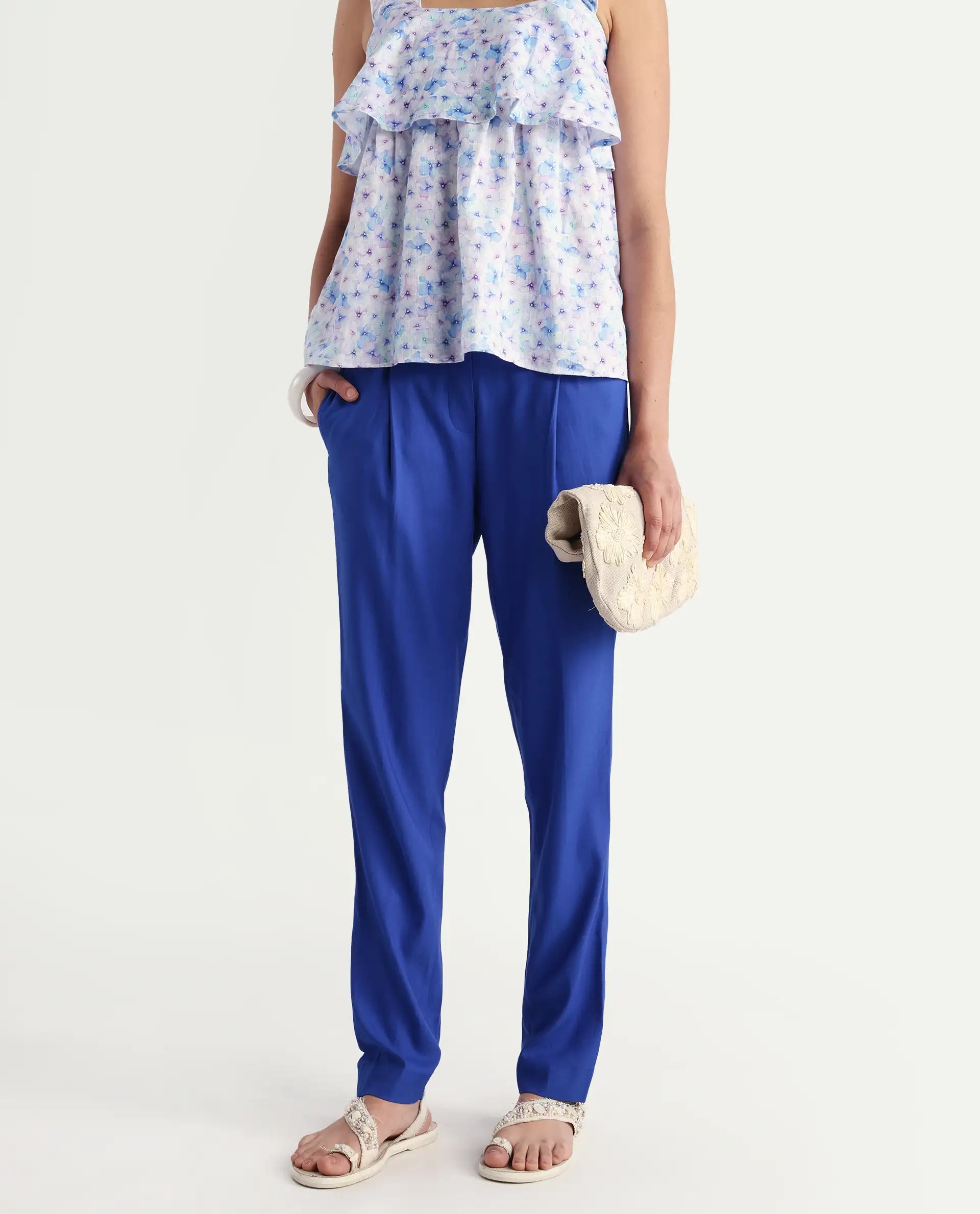 Rareism Women's Pansy Navy Cotton Blend Plain Ankle Length Slim Fit Jeans