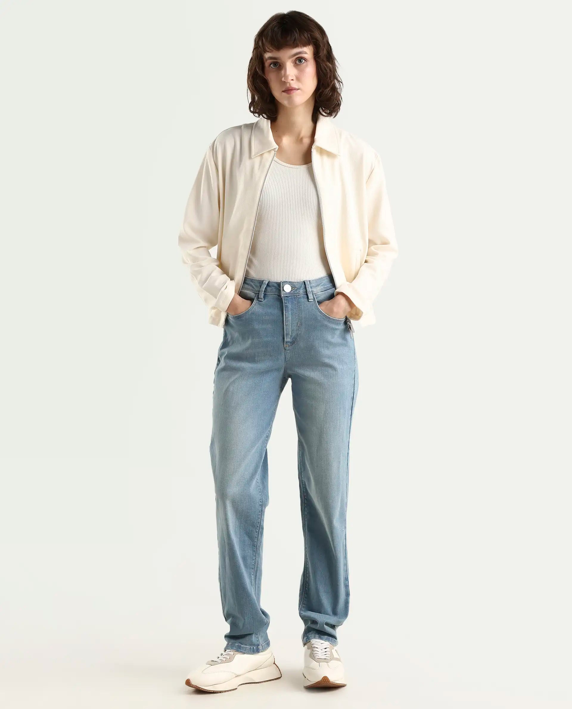Rareism Women's Pipevine Blue Cotton Blend Plain Ankle Length Tailored Jeans