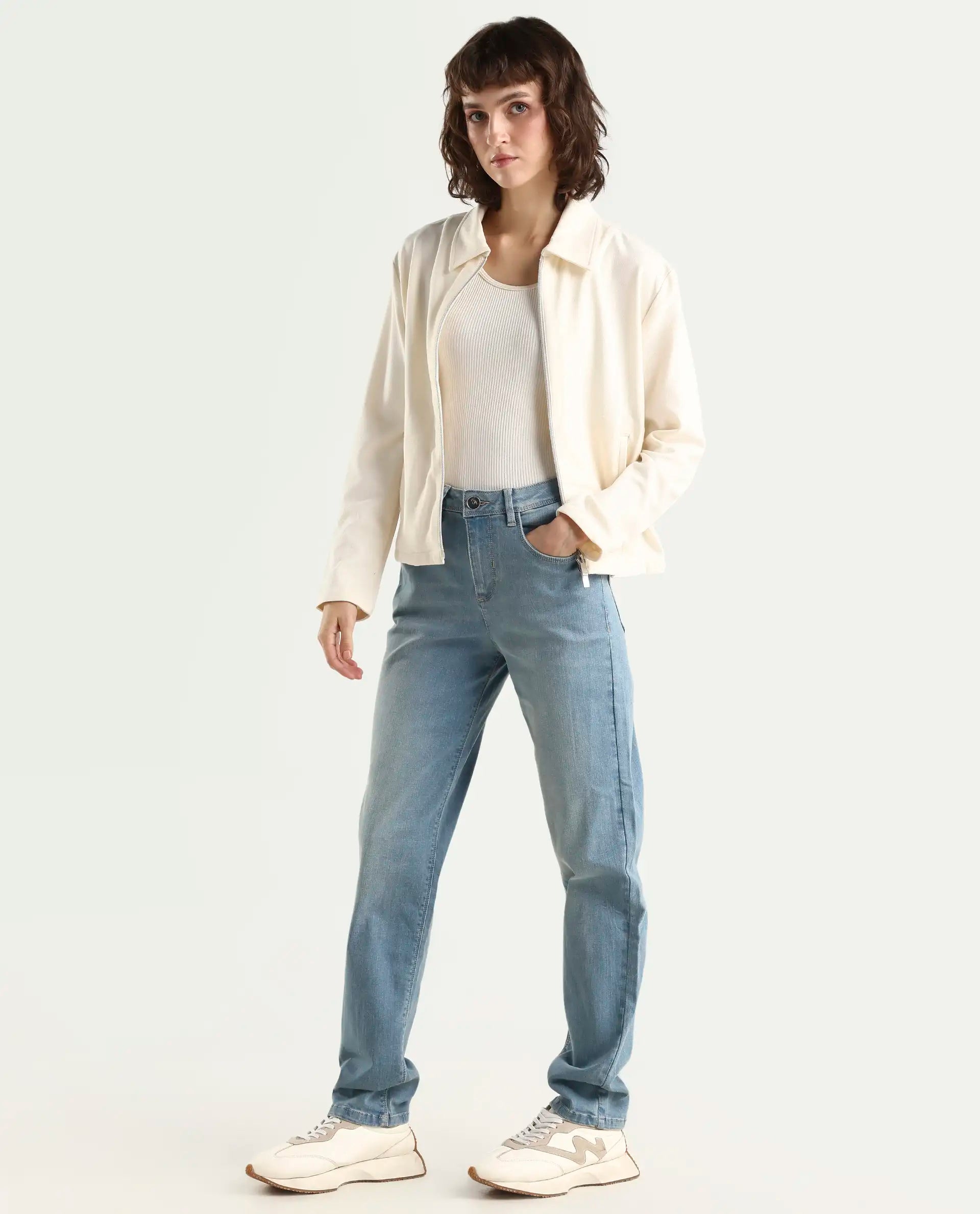 Rareism Women's Pipevine Blue Cotton Blend Plain Ankle Length Tailored Jeans