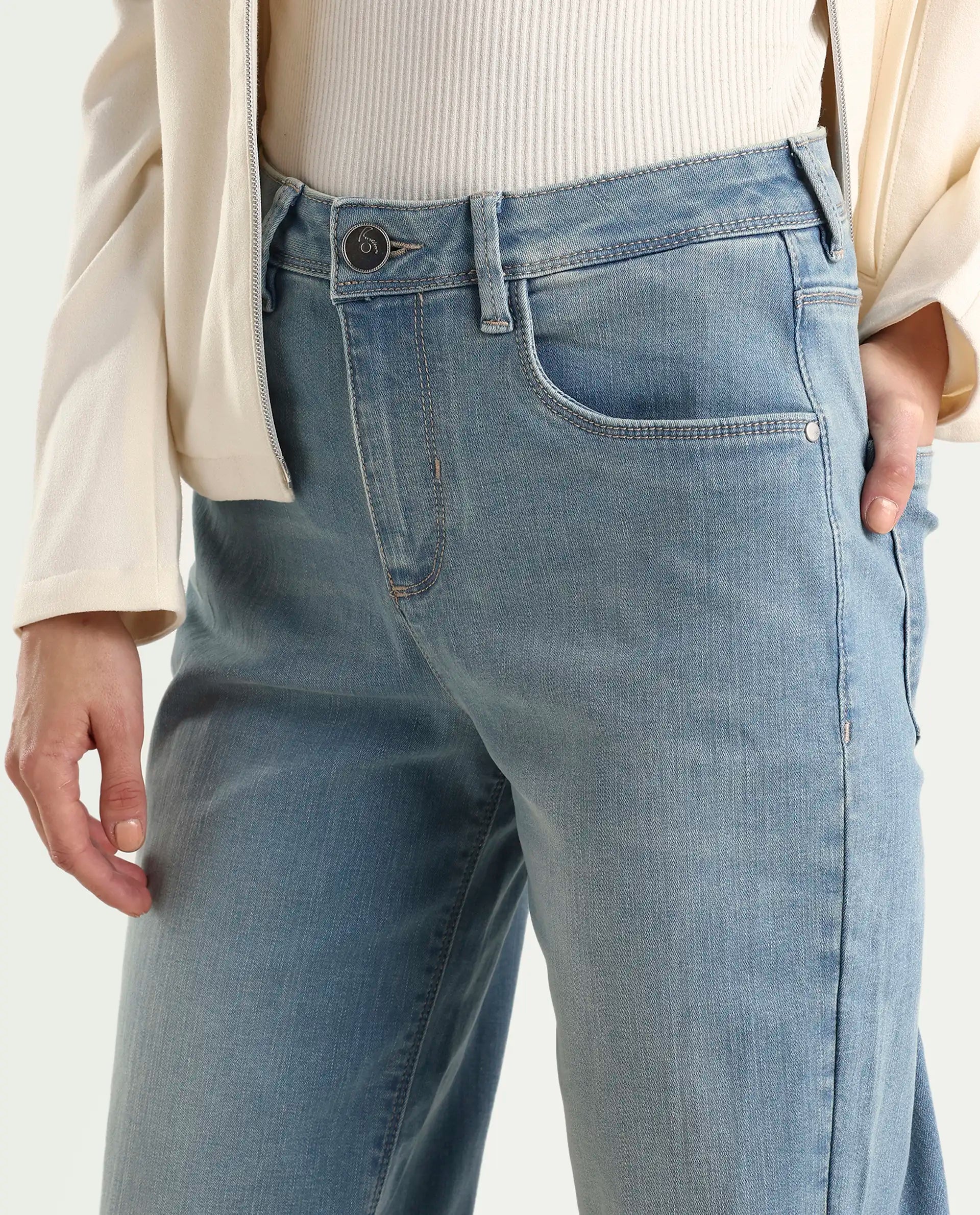 Rareism Women's Pipevine Blue Cotton Blend Plain Ankle Length Tailored Jeans