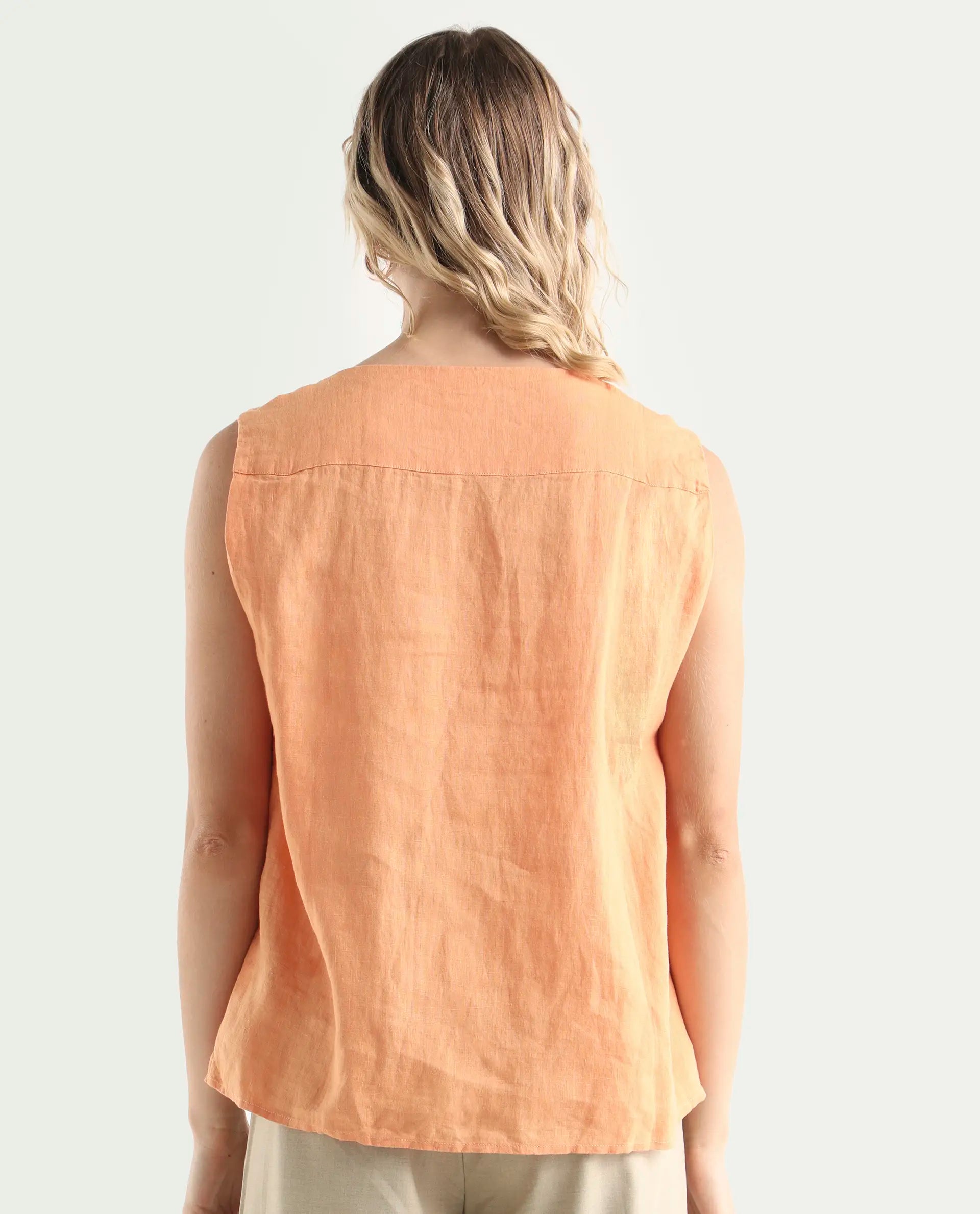 Rareism Women's Flash Orange Linen Sweetheart Neck Plain Sleeveless Knee Length Tailored Top