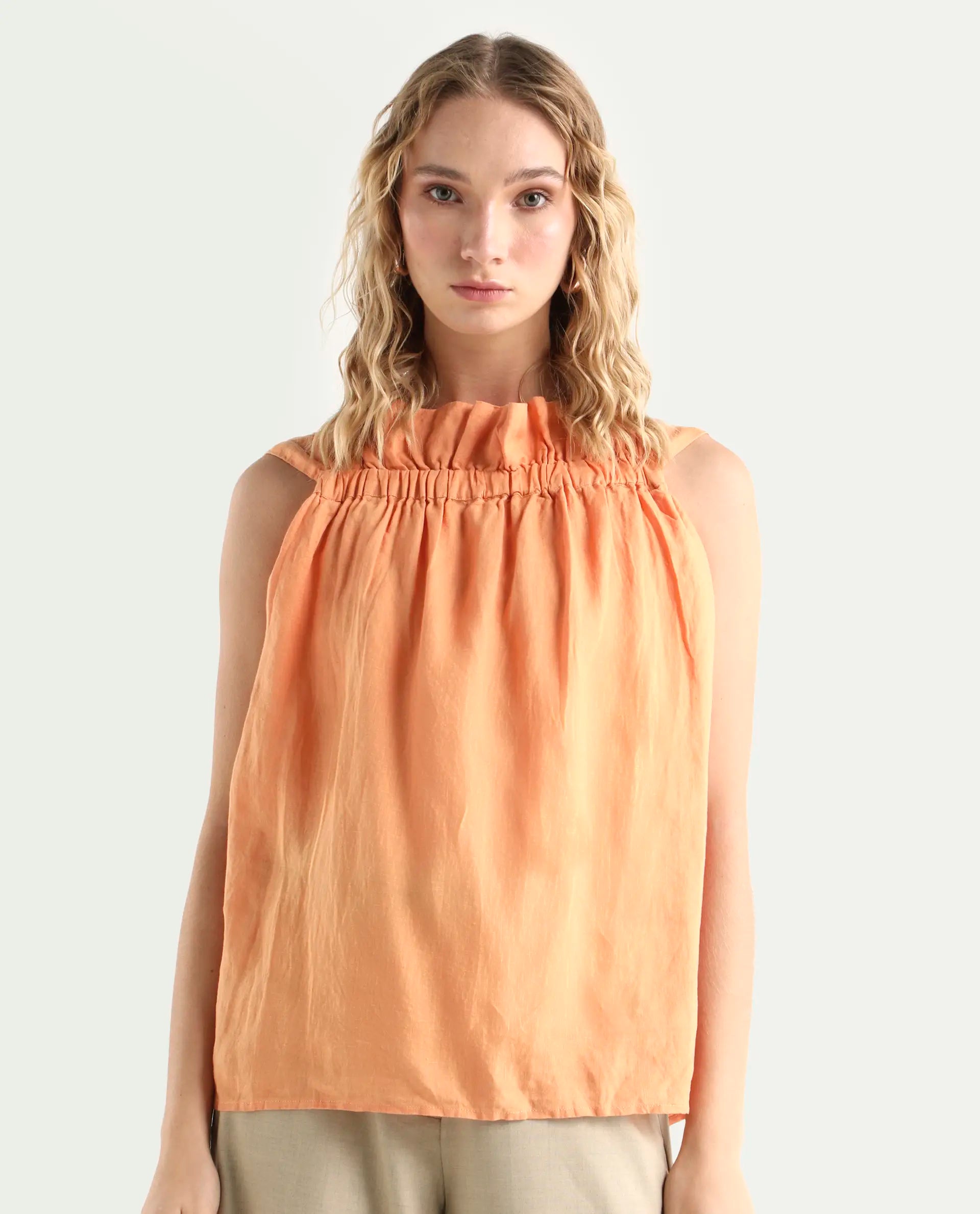 Rareism Women's Flash Orange Linen Sweetheart Neck Plain Sleeveless Knee Length Tailored Top