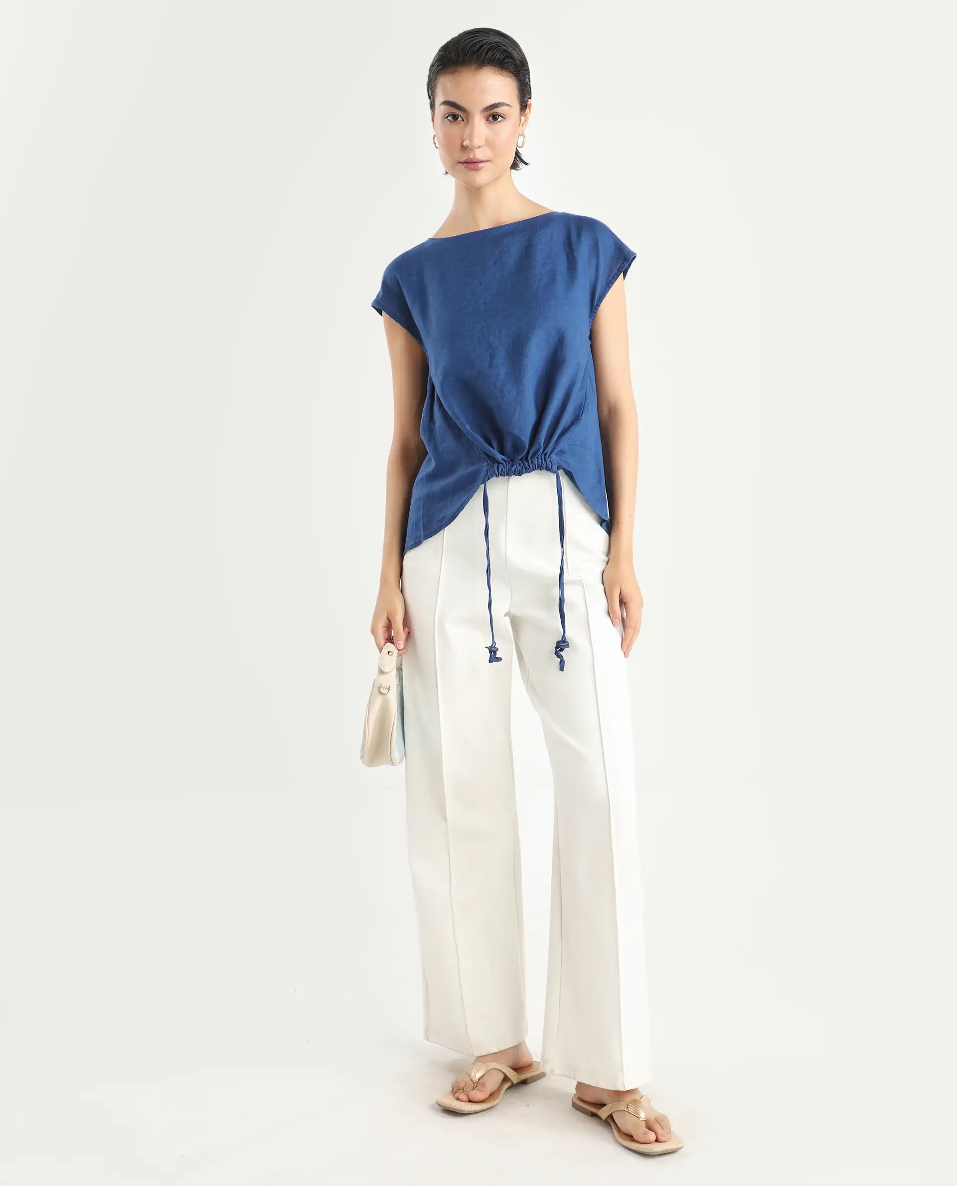 Rareism Women's Vita Blue Linen Boat Neck Plain Extended Sleeves Regular Fit Top