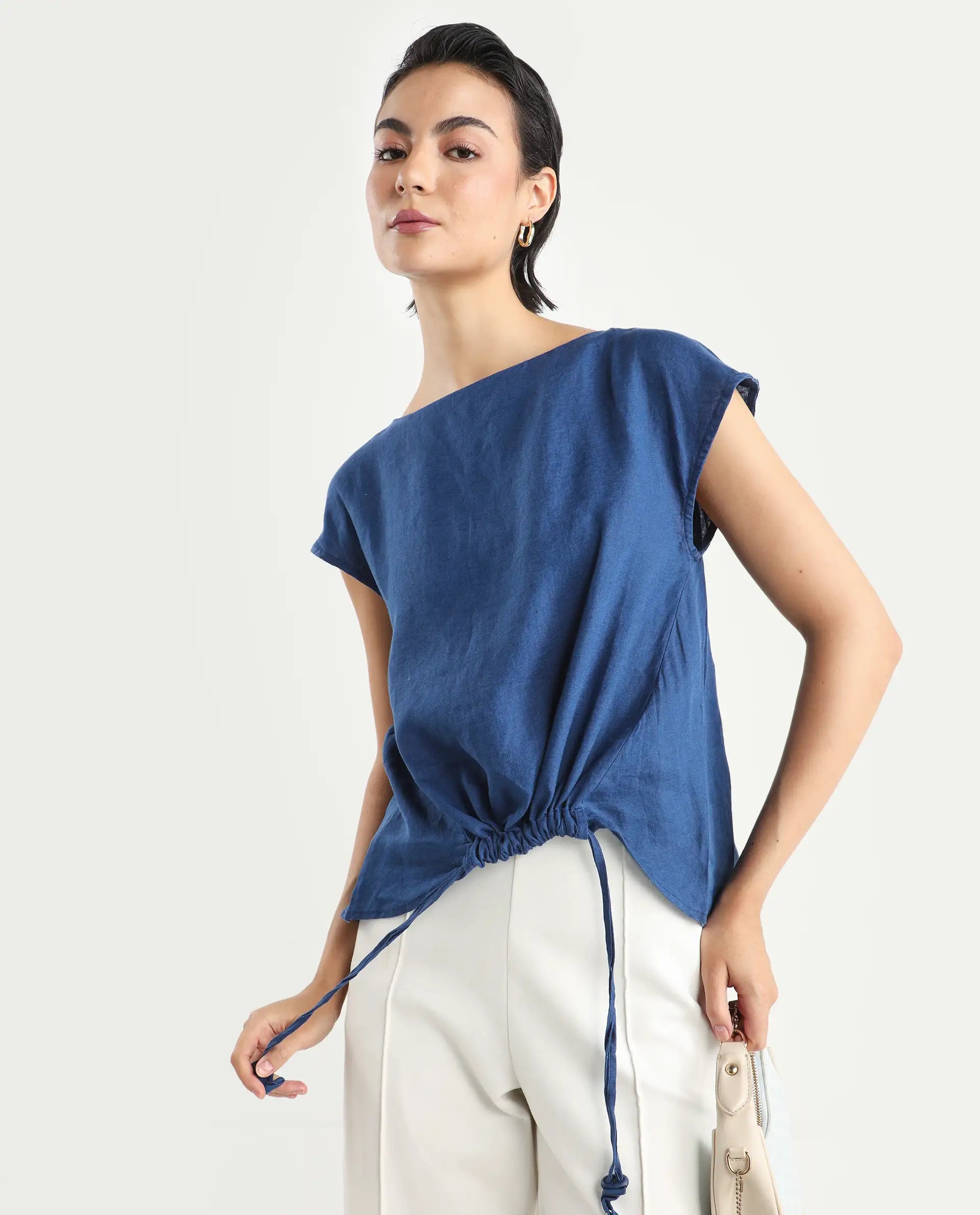 Rareism Women's Vita Blue Linen Boat Neck Plain Extended Sleeves Regular Fit Top