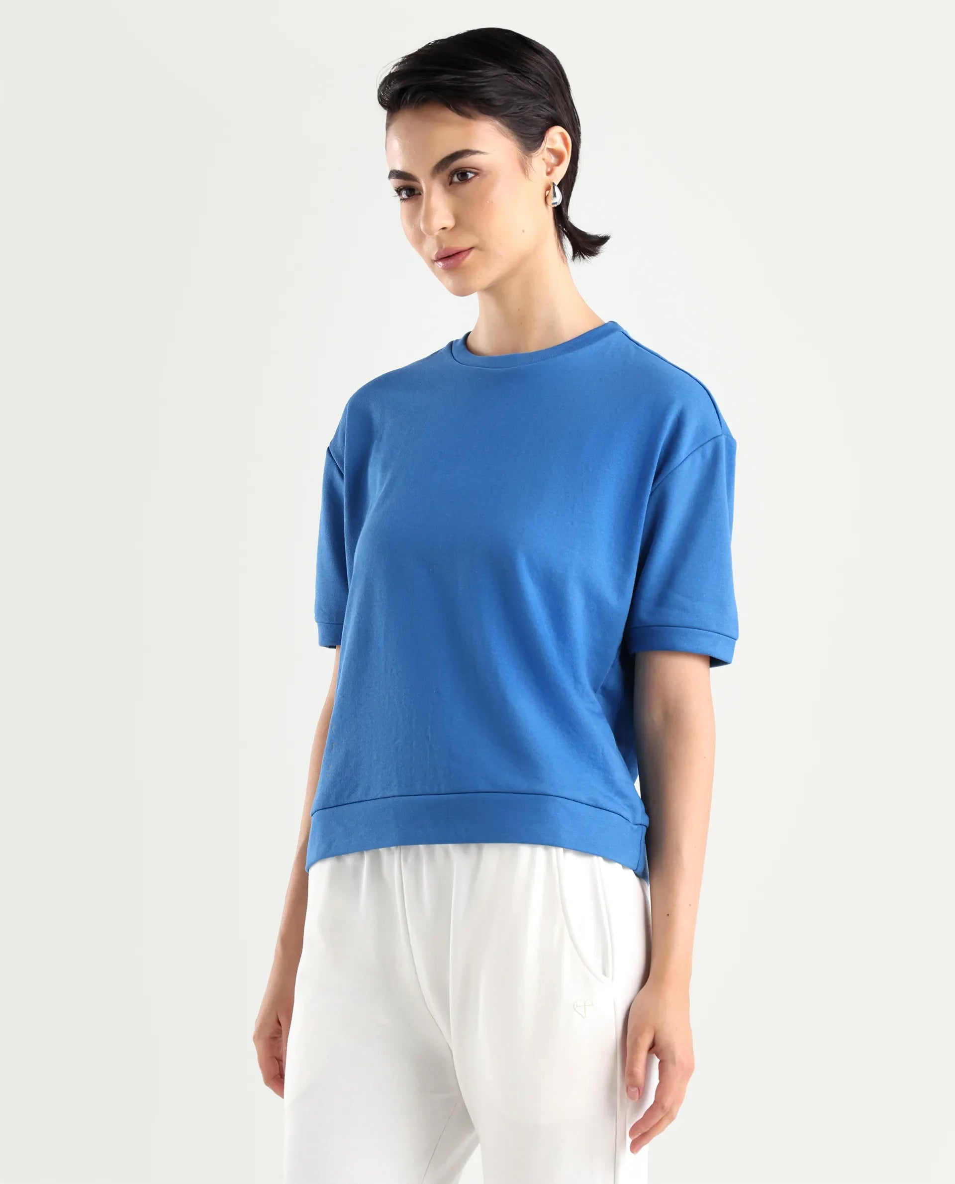 Rareism Women's Medium Weight Terry 290 Gsm Cotton Crew Neck Plain Relaxed Fit Sweat Tee