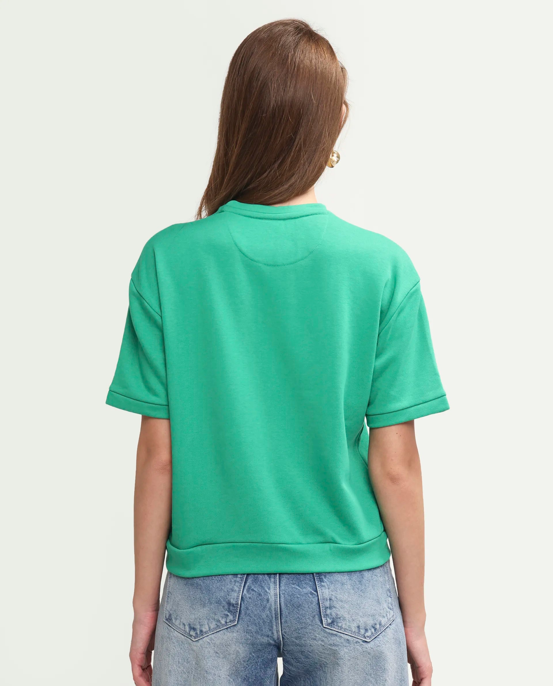 Rareism Women's Medium Weight Terry 290 Gsm Cotton Crew Neck Plain Relaxed Fit Sweat Tee