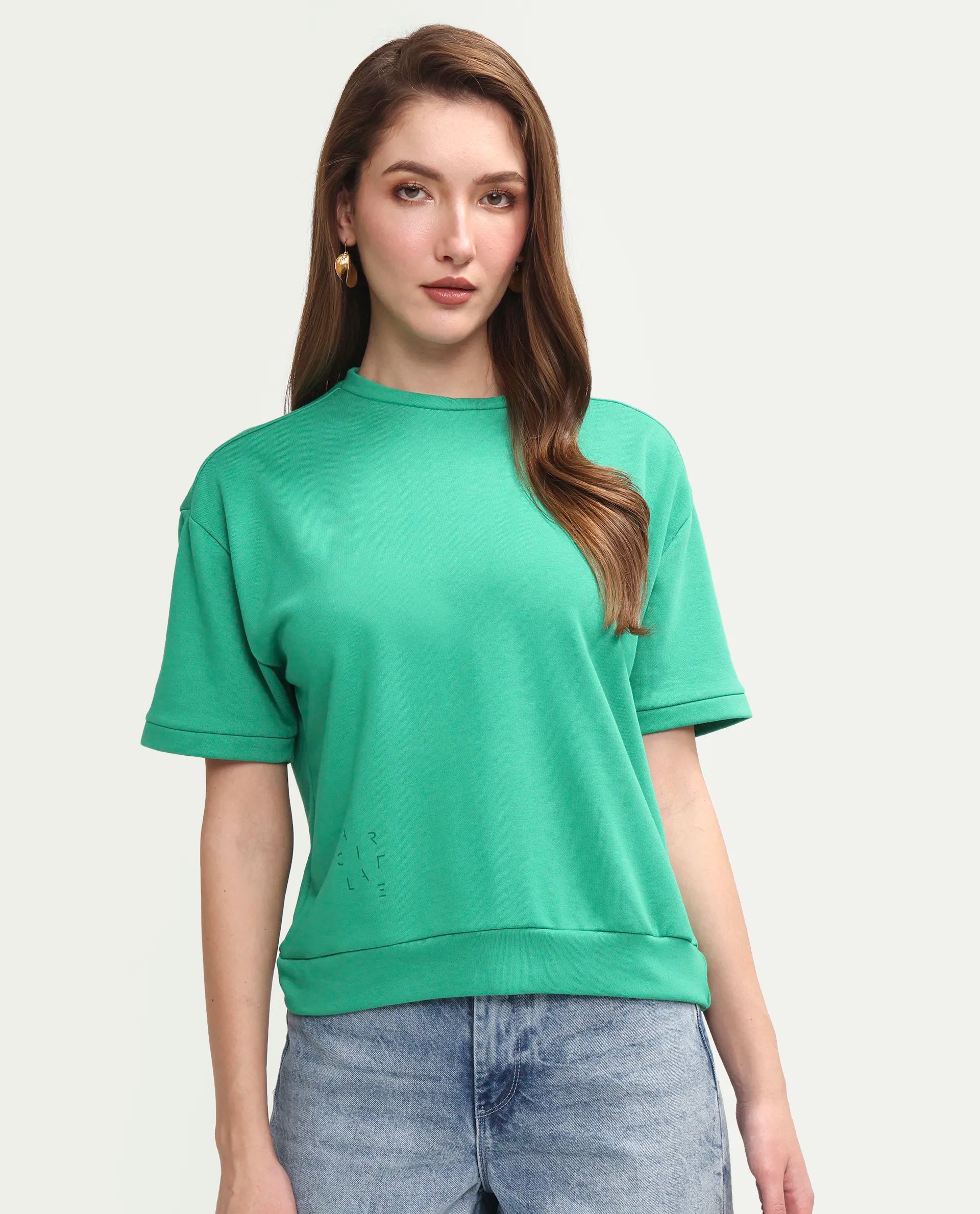 Rareism Women's Medium Weight Terry 290 Gsm Cotton Crew Neck Plain Relaxed Fit Sweat Tee