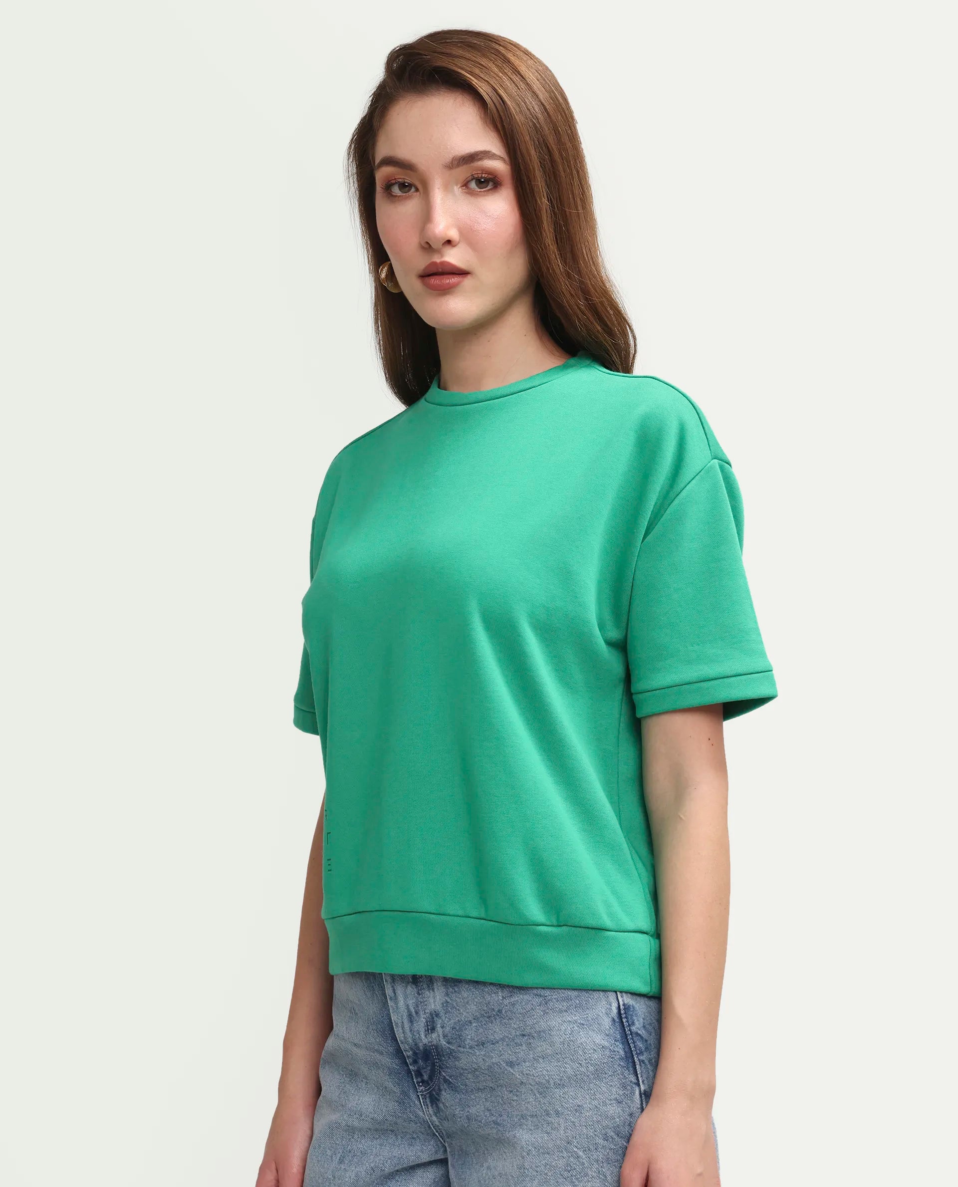 Rareism Women's Medium Weight Terry 290 Gsm Cotton Crew Neck Plain Relaxed Fit Sweat Tee