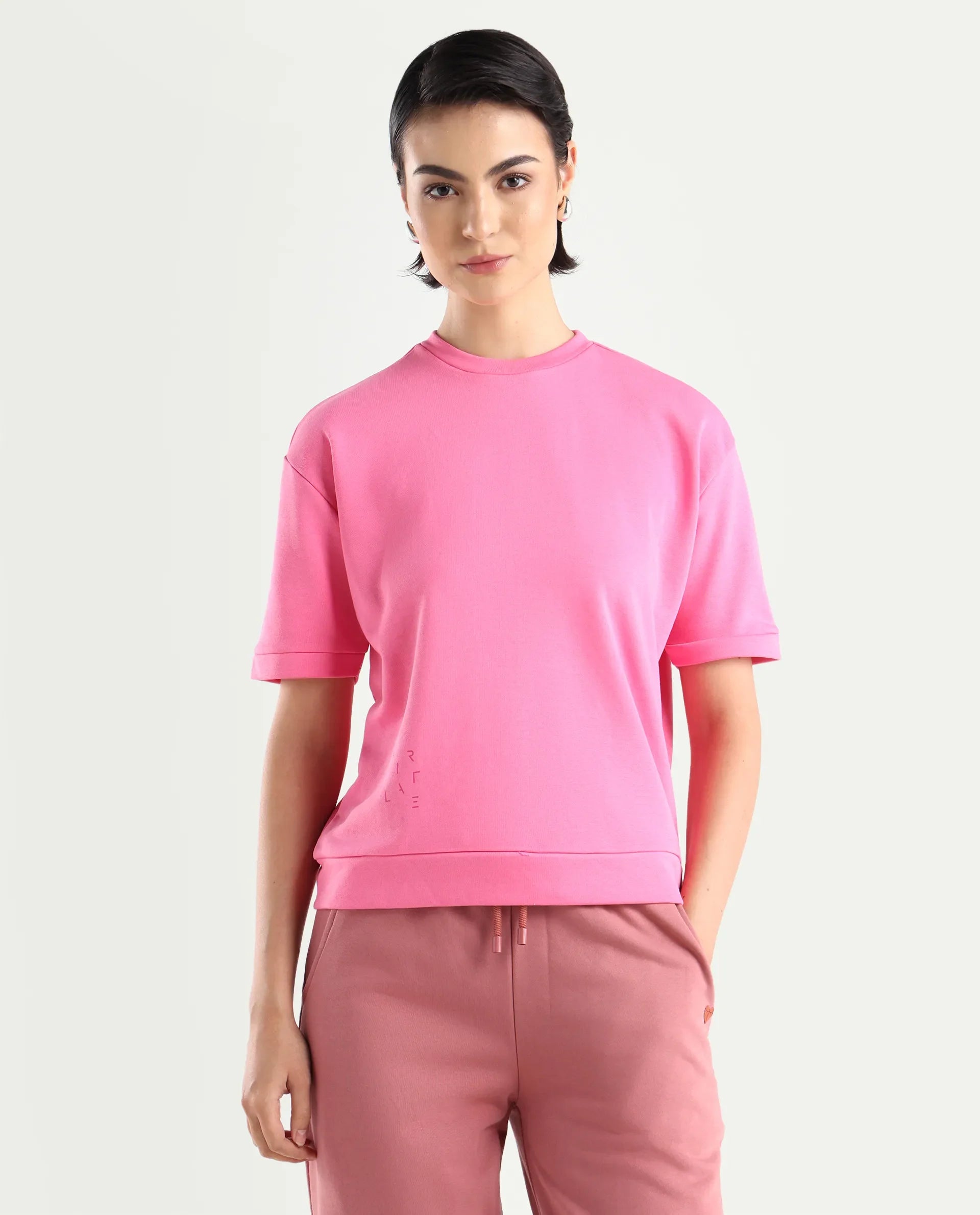 Rareism Women's Medium Weight Terry 290 Gsm Cotton Crew Neck Plain Relaxed Fit Sweat Tee