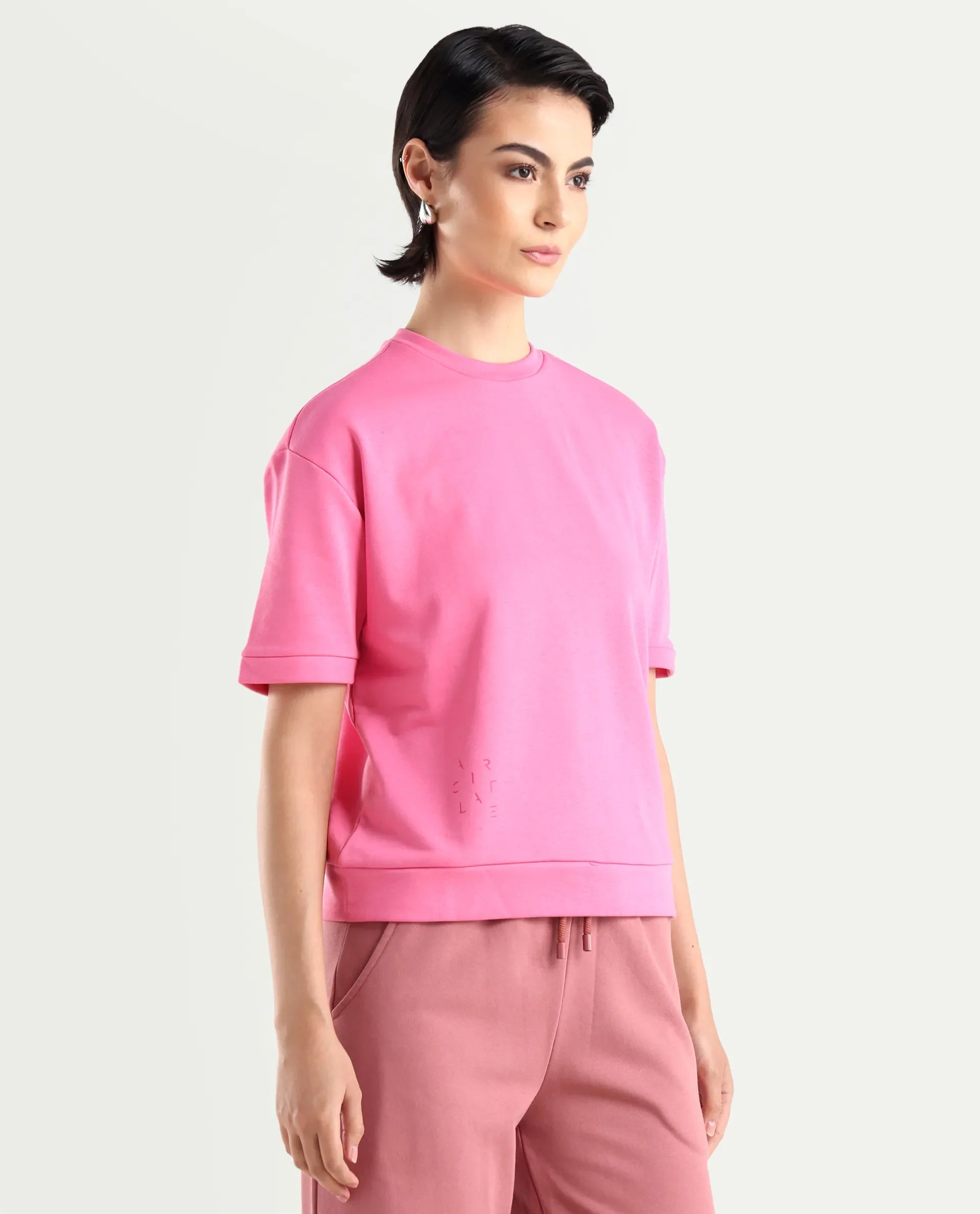 Rareism Women's Medium Weight Terry 290 Gsm Cotton Crew Neck Plain Relaxed Fit Sweat Tee