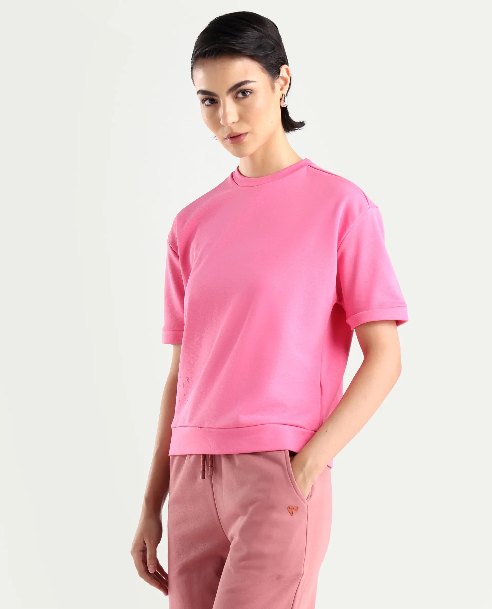Rareism Women's Medium Weight Terry 290 Gsm Cotton Crew Neck Plain Relaxed Fit Sweat Tee