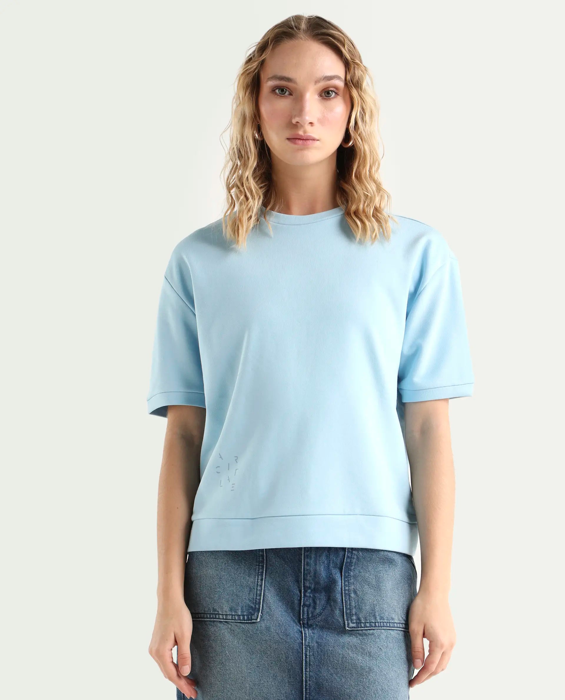 Rareism Women's Medium Weight Terry 290 Gsm Cotton Crew Neck Plain Relaxed Fit Sweat Tee