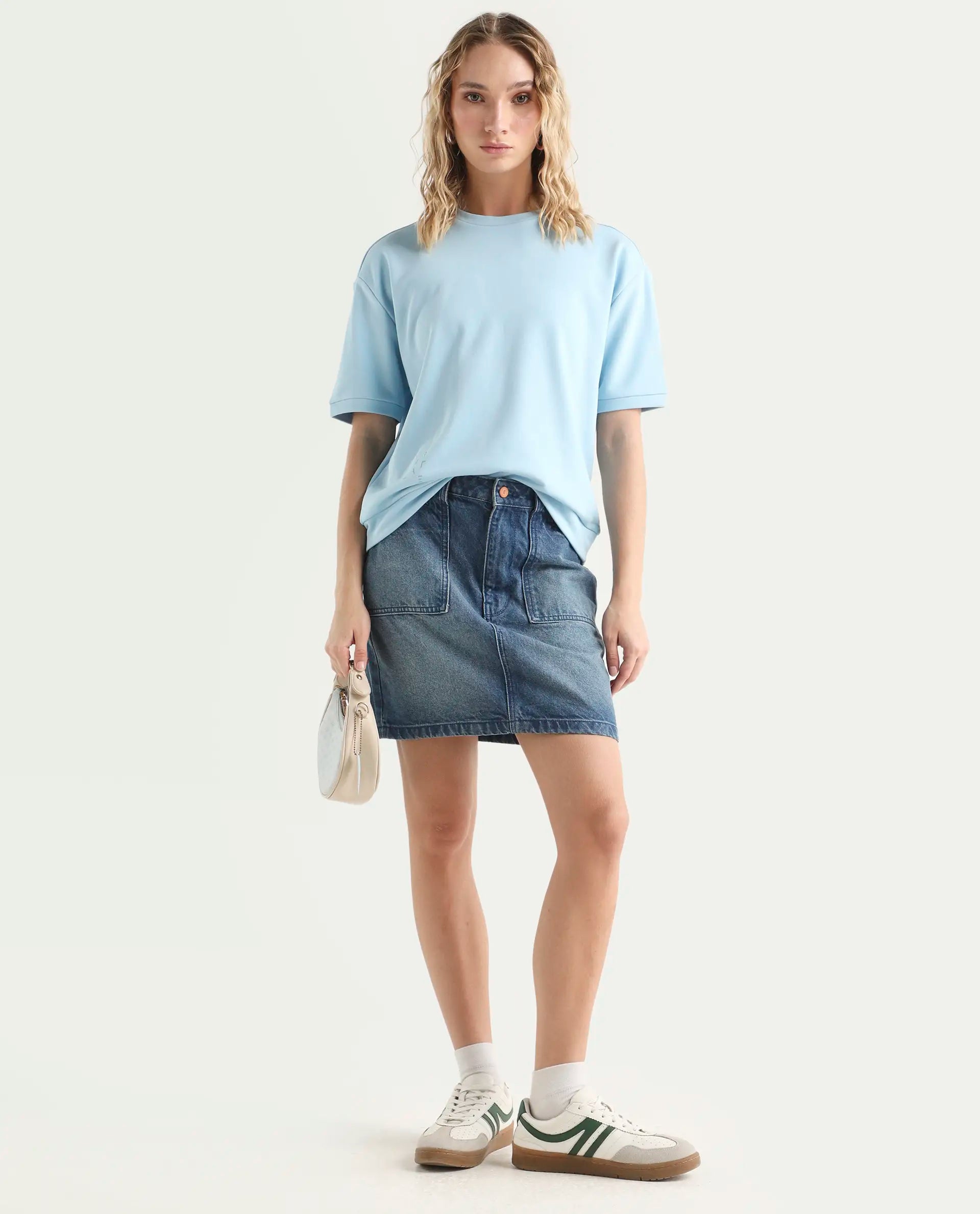 Rareism Women's Medium Weight Terry 290 Gsm Cotton Crew Neck Plain Relaxed Fit Sweat Tee