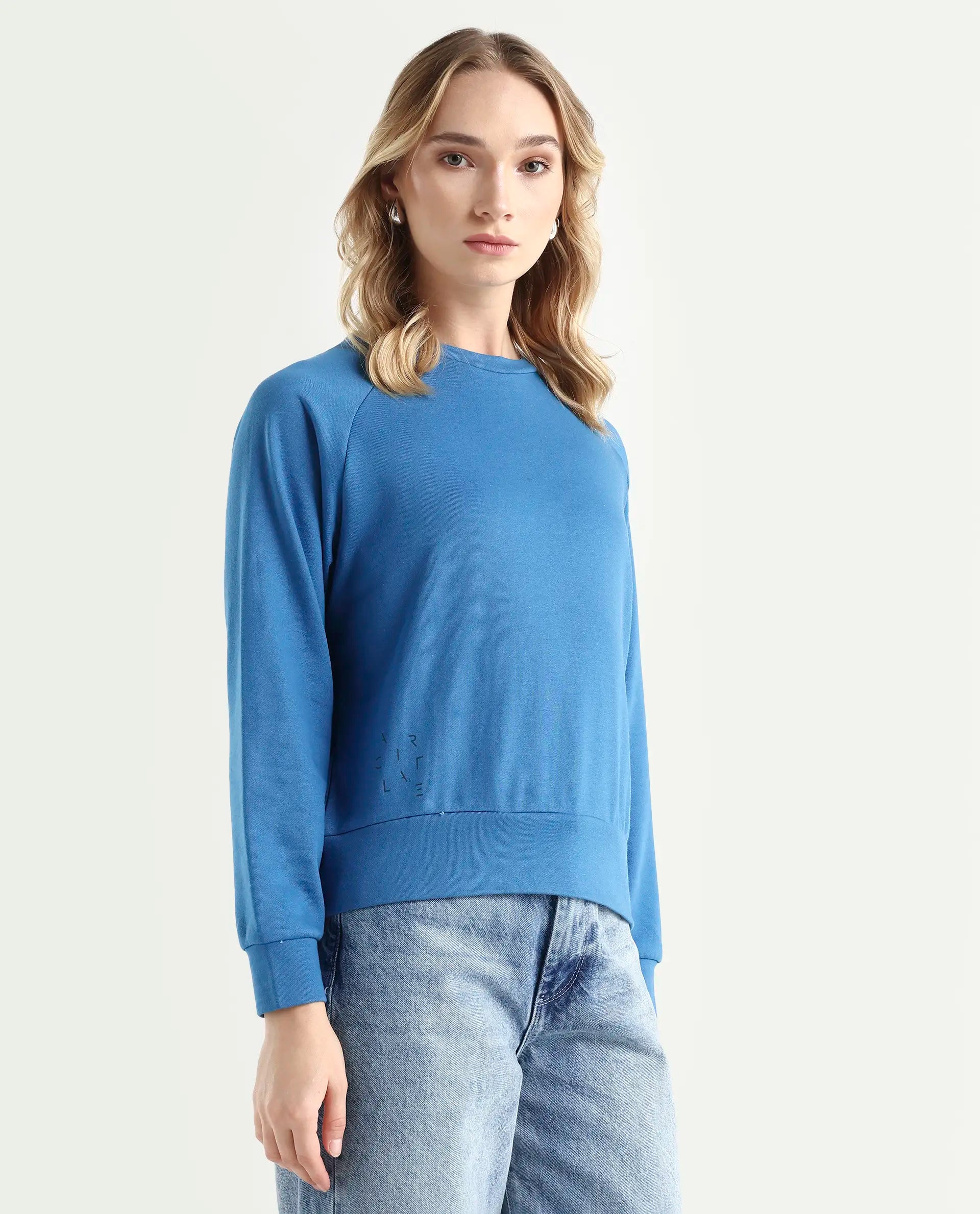 Rareism Women's Medium Weight Terry 290 Gsm Cotton Blend Crew Neck Plain Cuffed Sleeve Relaxed Fit Sweatshirt