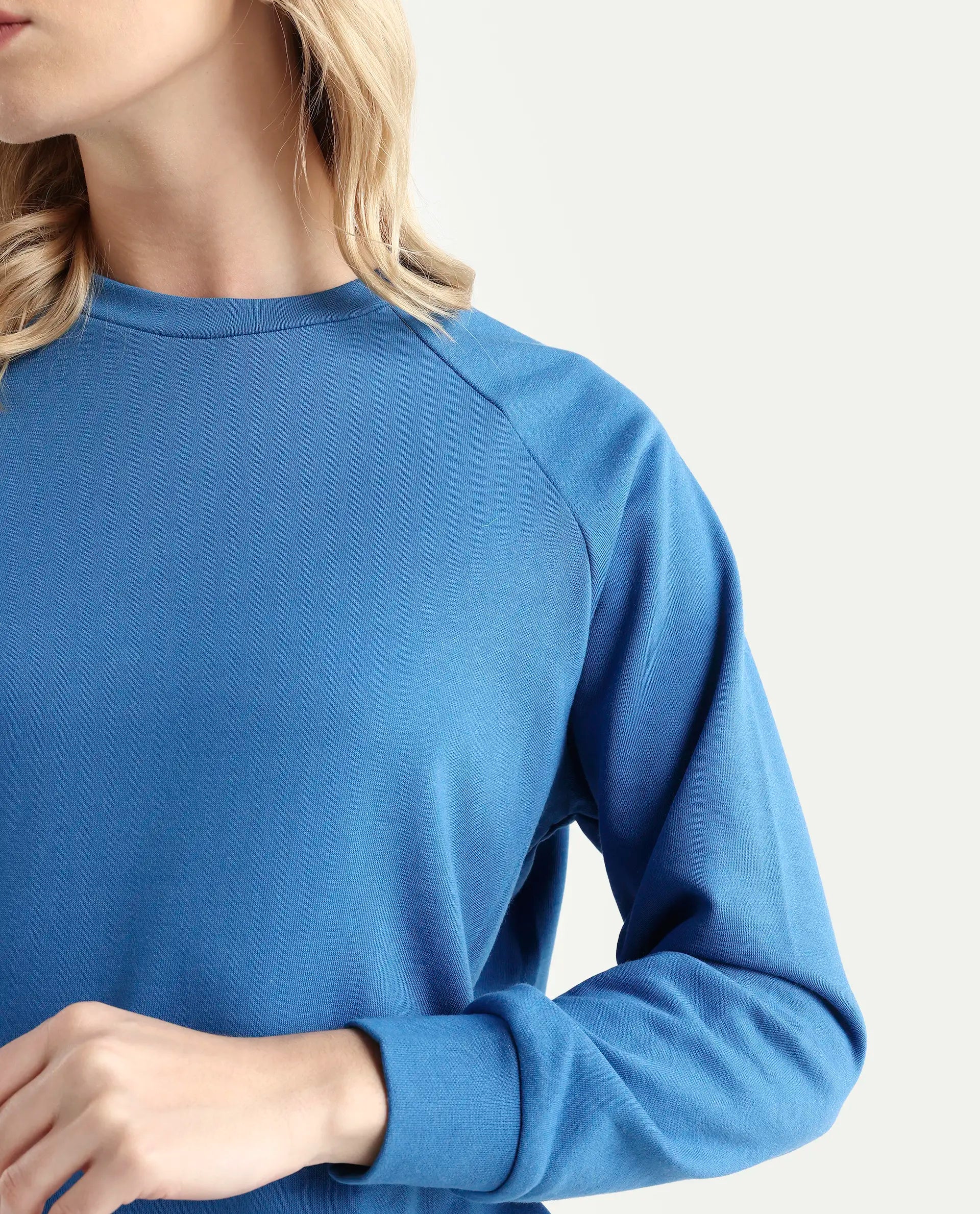 Rareism Women's Medium Weight Terry 290 Gsm Cotton Blend Crew Neck Plain Cuffed Sleeve Relaxed Fit Sweatshirt