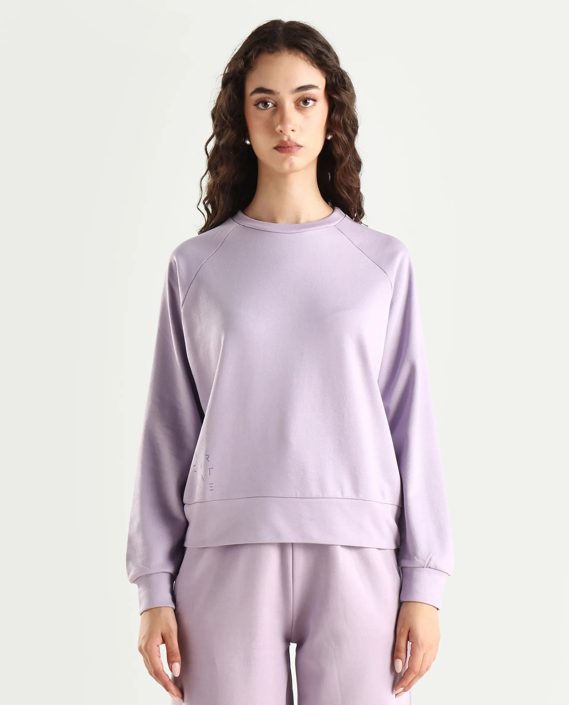 Rareism Women's Medium Weight Terry 290 Gsm Cotton Blend Crew Neck Plain Cuffed Sleeve Relaxed Fit Sweatshirt