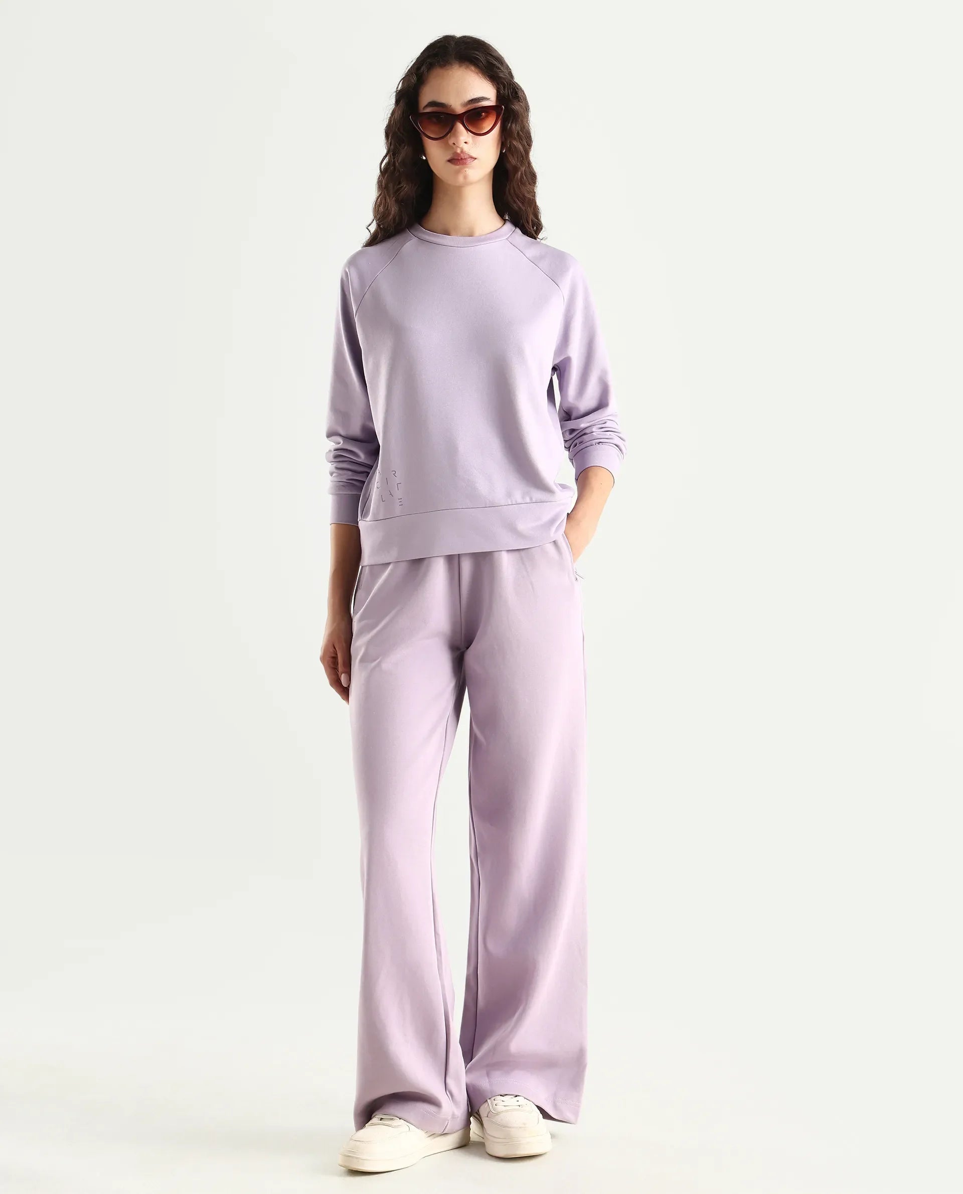 Rareism Women's Medium Weight Terry 290 Gsm Cotton Blend Crew Neck Plain Cuffed Sleeve Relaxed Fit Sweatshirt