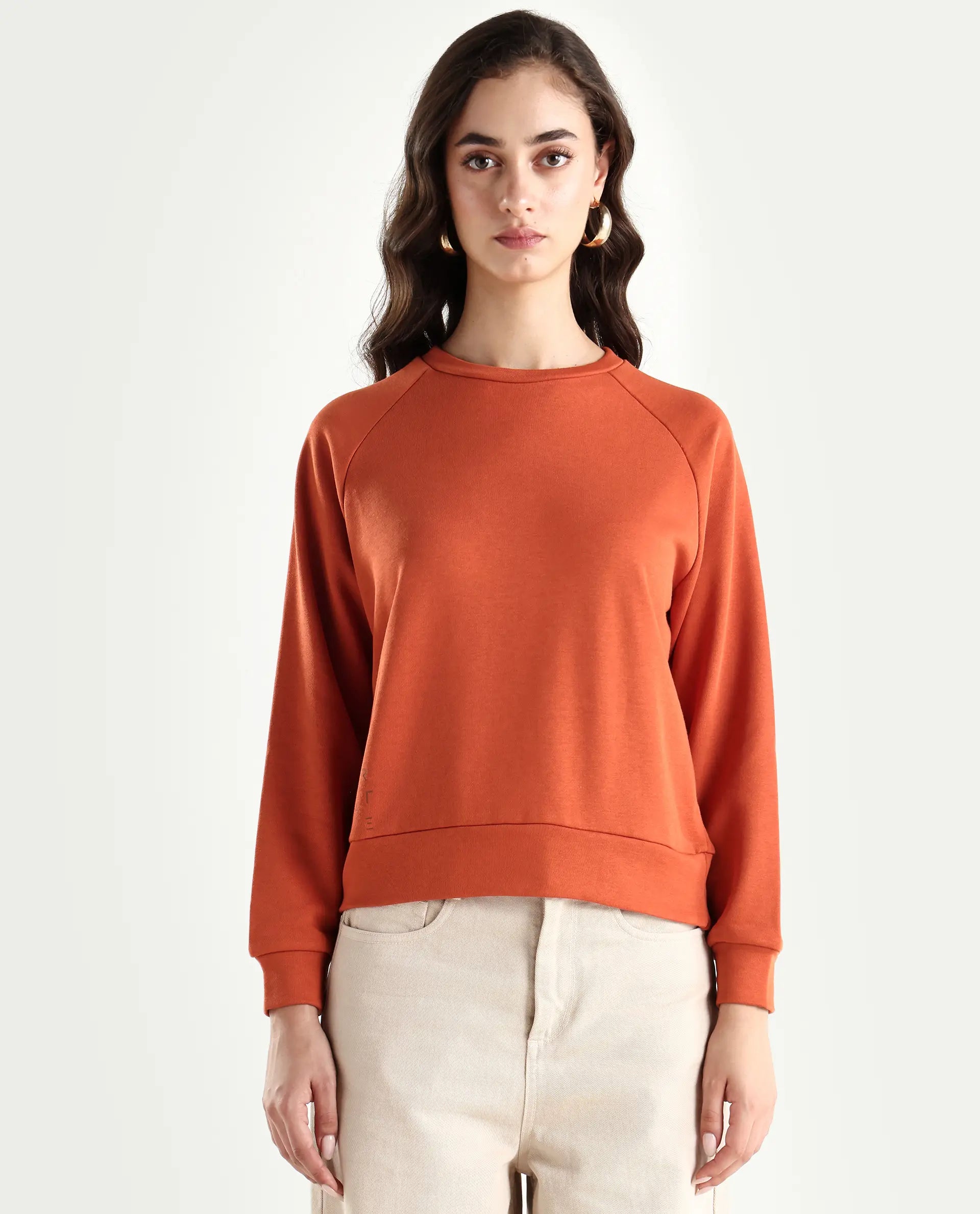 Rareism Women's Medium Weight Terry 290 Gsm Cotton Blend Crew Neck Plain Cuffed Sleeve Relaxed Fit Sweatshirt