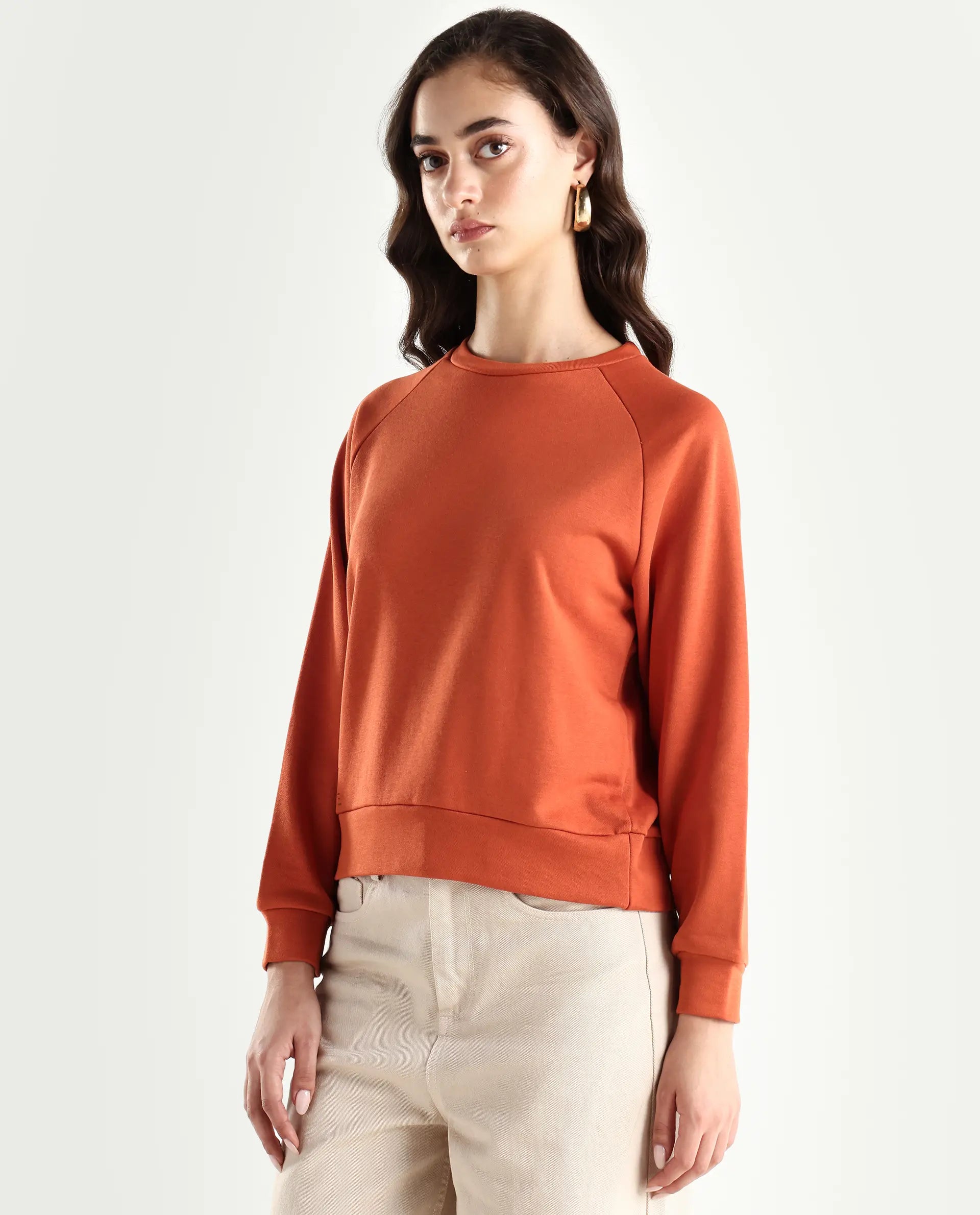 Rareism Women's Medium Weight Terry 290 Gsm Cotton Blend Crew Neck Plain Cuffed Sleeve Relaxed Fit Sweatshirt