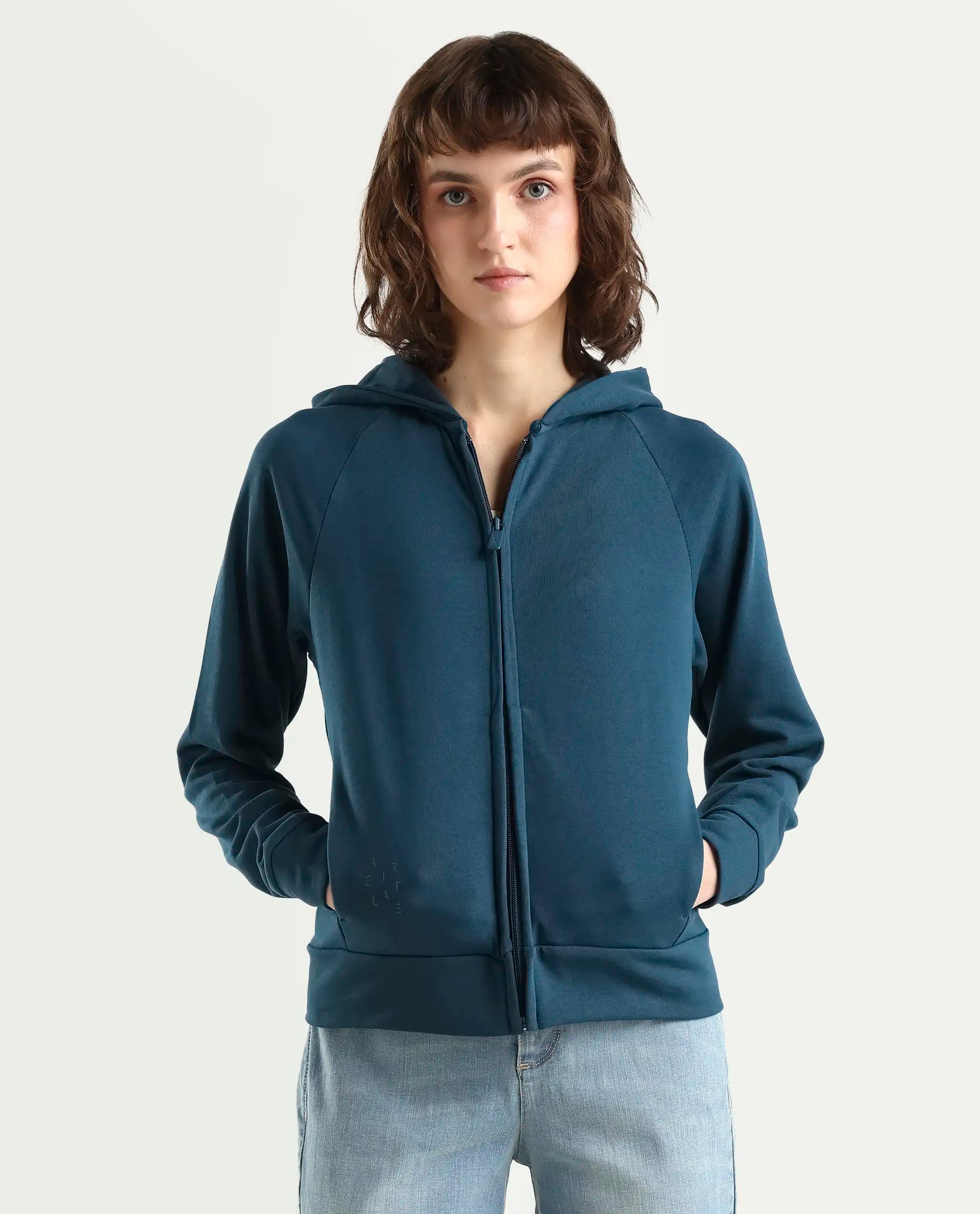 Rareism Women's Medium Weight Terry 290 Gsm Cotton Blend Hooded Plain Regular Fit Jacket