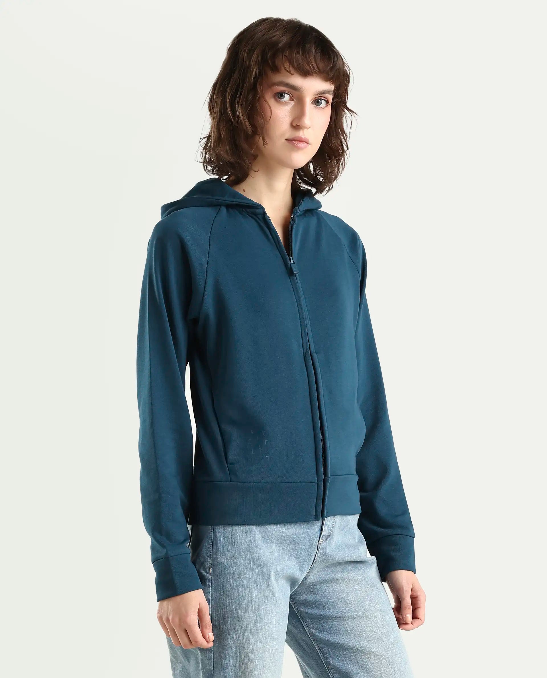 Rareism Women's Medium Weight Terry 290 Gsm Cotton Blend Hooded Plain Regular Fit Jacket