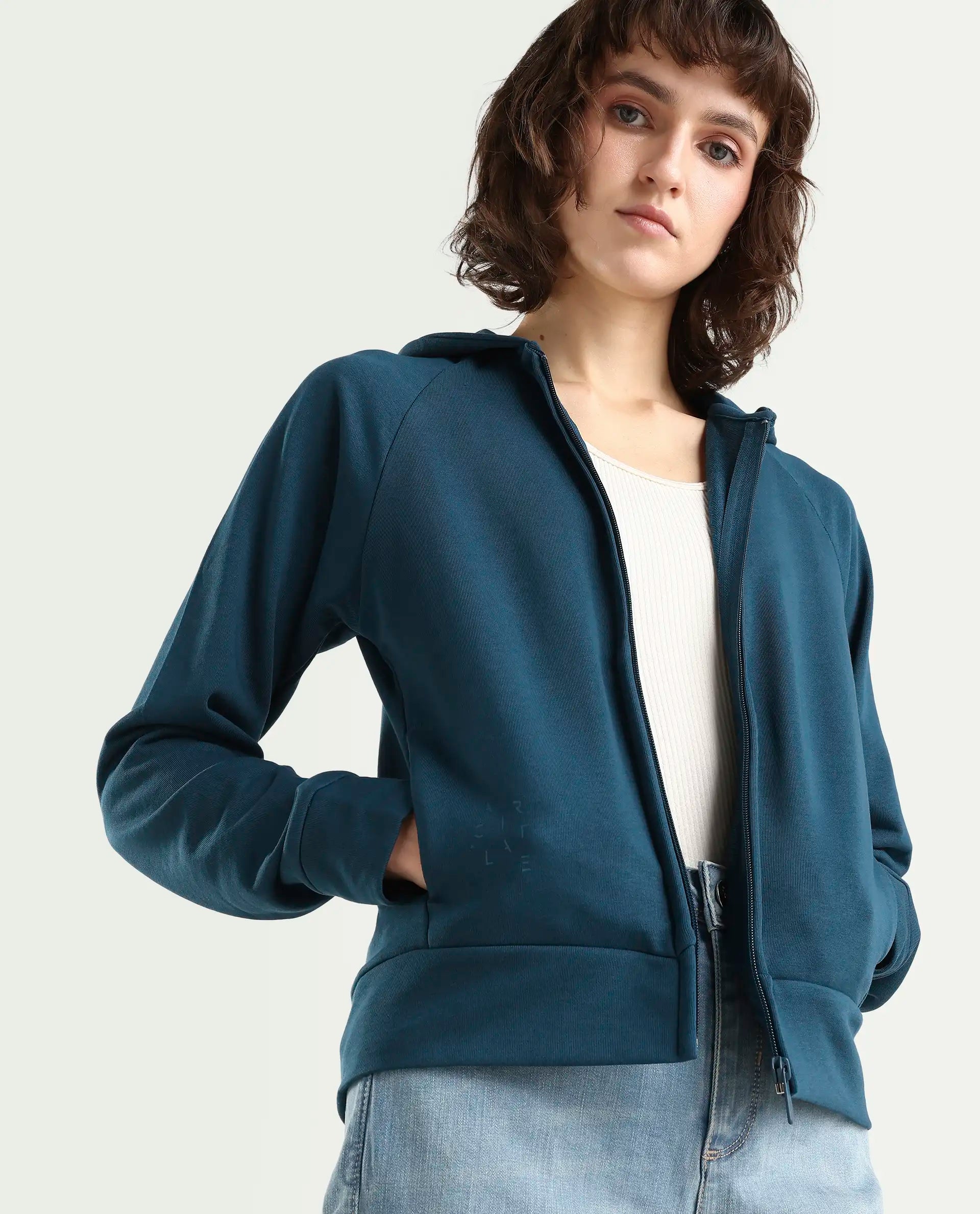 Rareism Women's Medium Weight Terry 290 Gsm Cotton Blend Hooded Plain Regular Fit Jacket