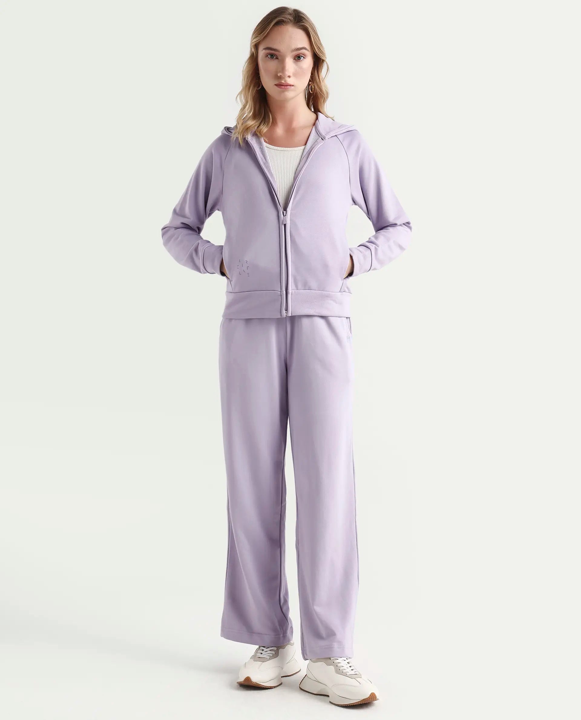 Rareism Women's Medium Weight Terry 290 Gsm Cotton Blend Hooded Plain Regular Fit Jacket