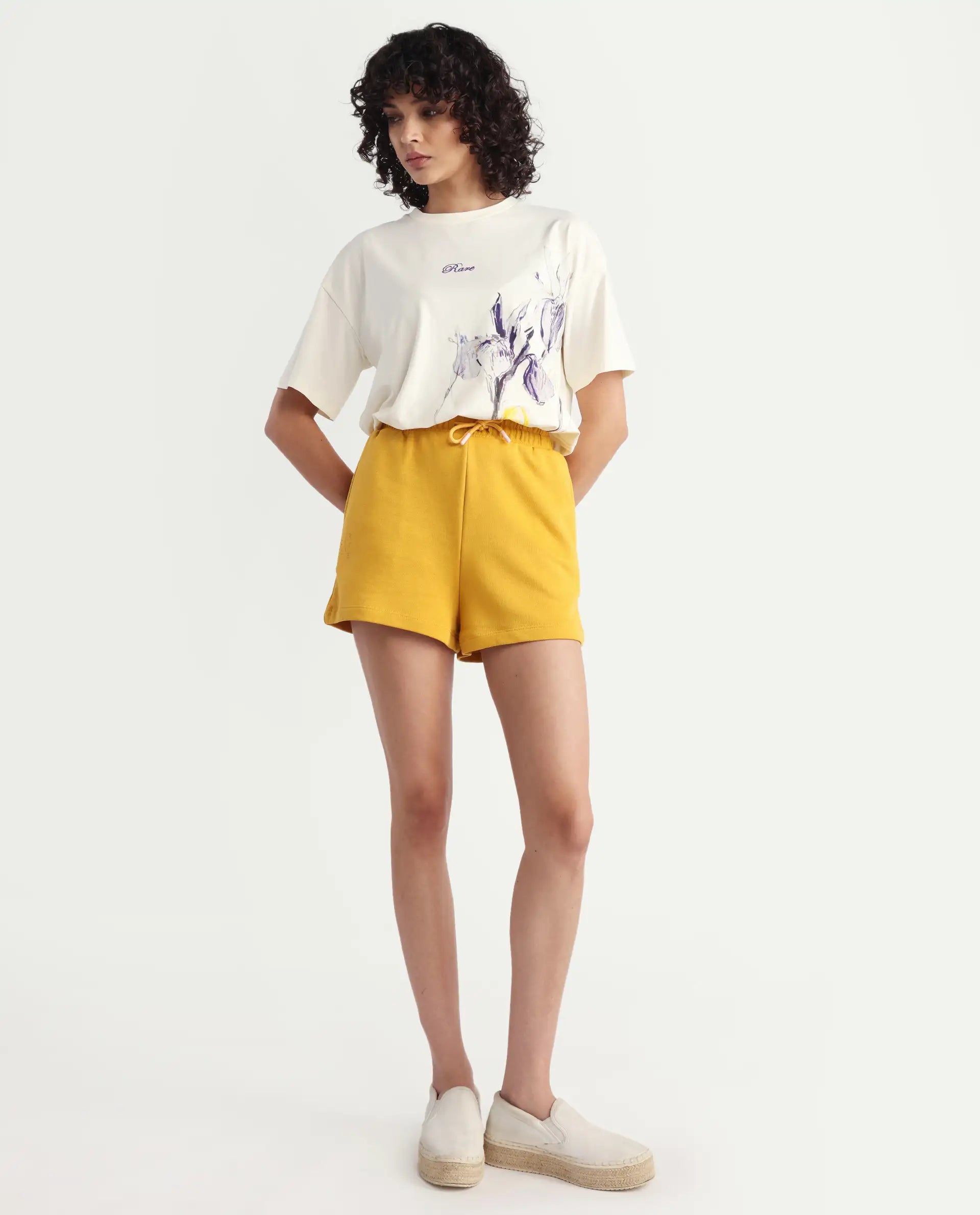 Rareism Women's Medium Weight Terry 290 Gsm Cotton Blend Plain Mini Relaxed Fit Shorts