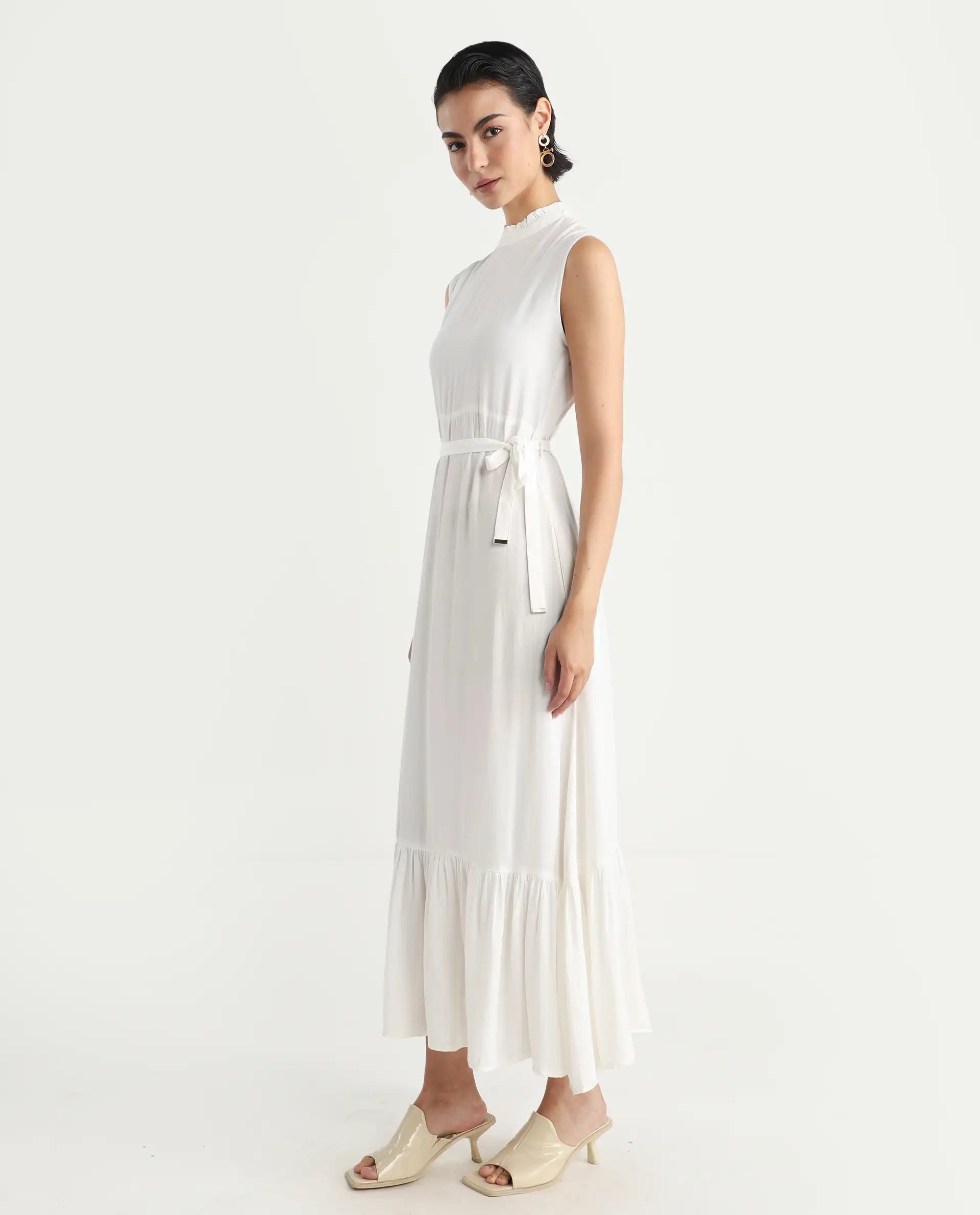 Rareism Women's Lilies White Polyester Blend High Neck Plain Sleeveless Maxi Regular Fit Dress