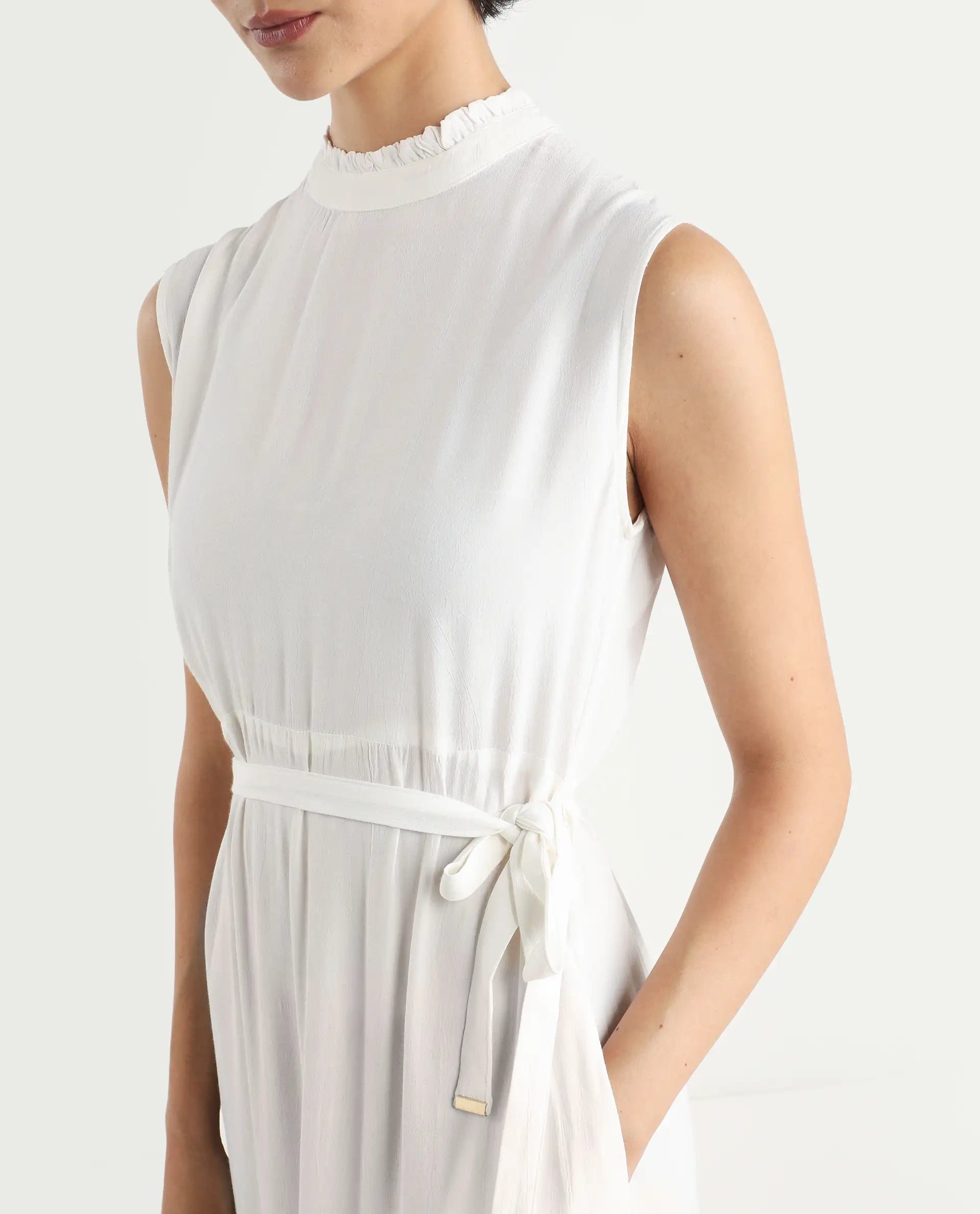 Rareism Women's Lilies White Polyester Blend High Neck Plain Sleeveless Maxi Regular Fit Dress