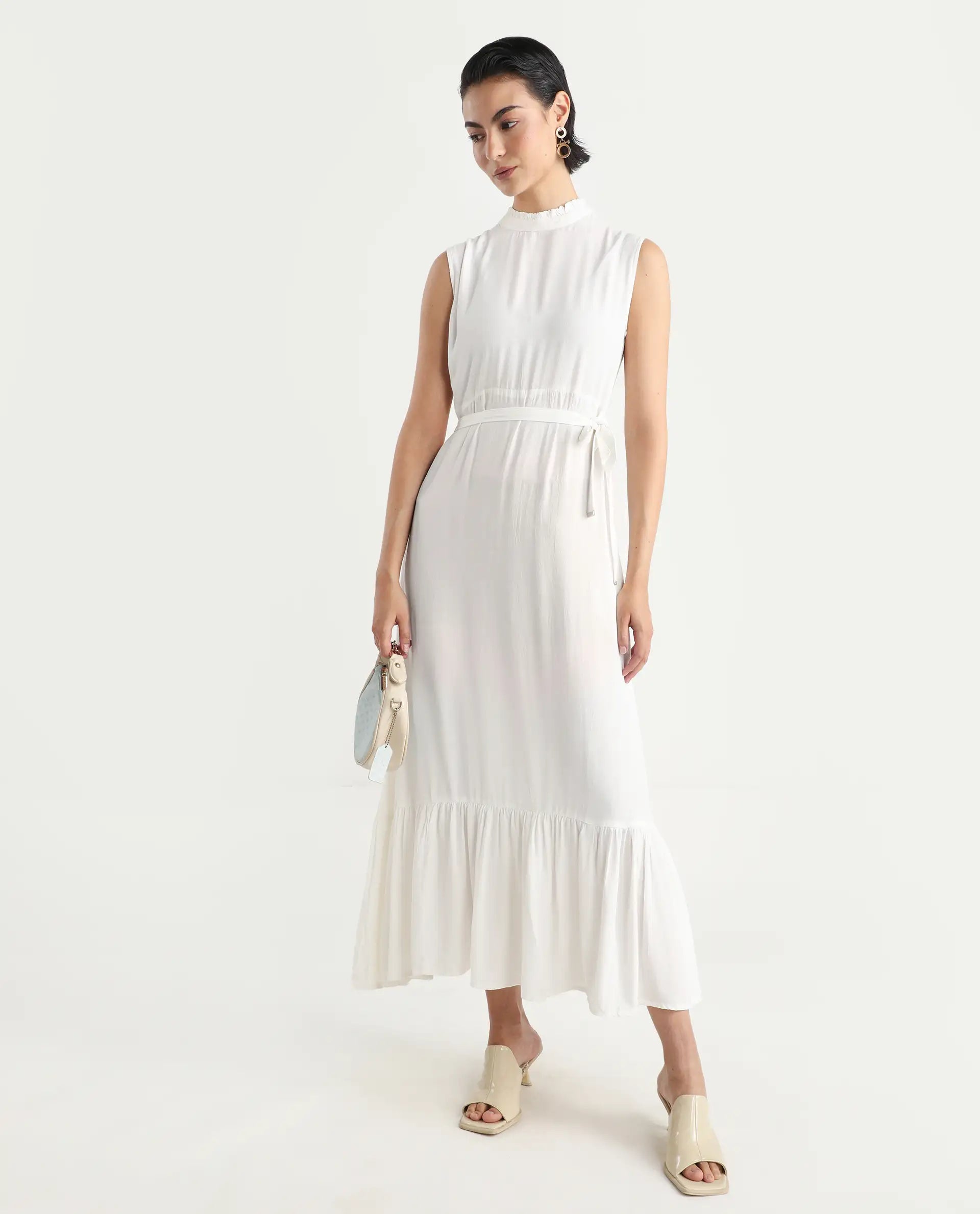 Rareism Women's Lilies White Polyester Blend High Neck Plain Sleeveless Maxi Regular Fit Dress