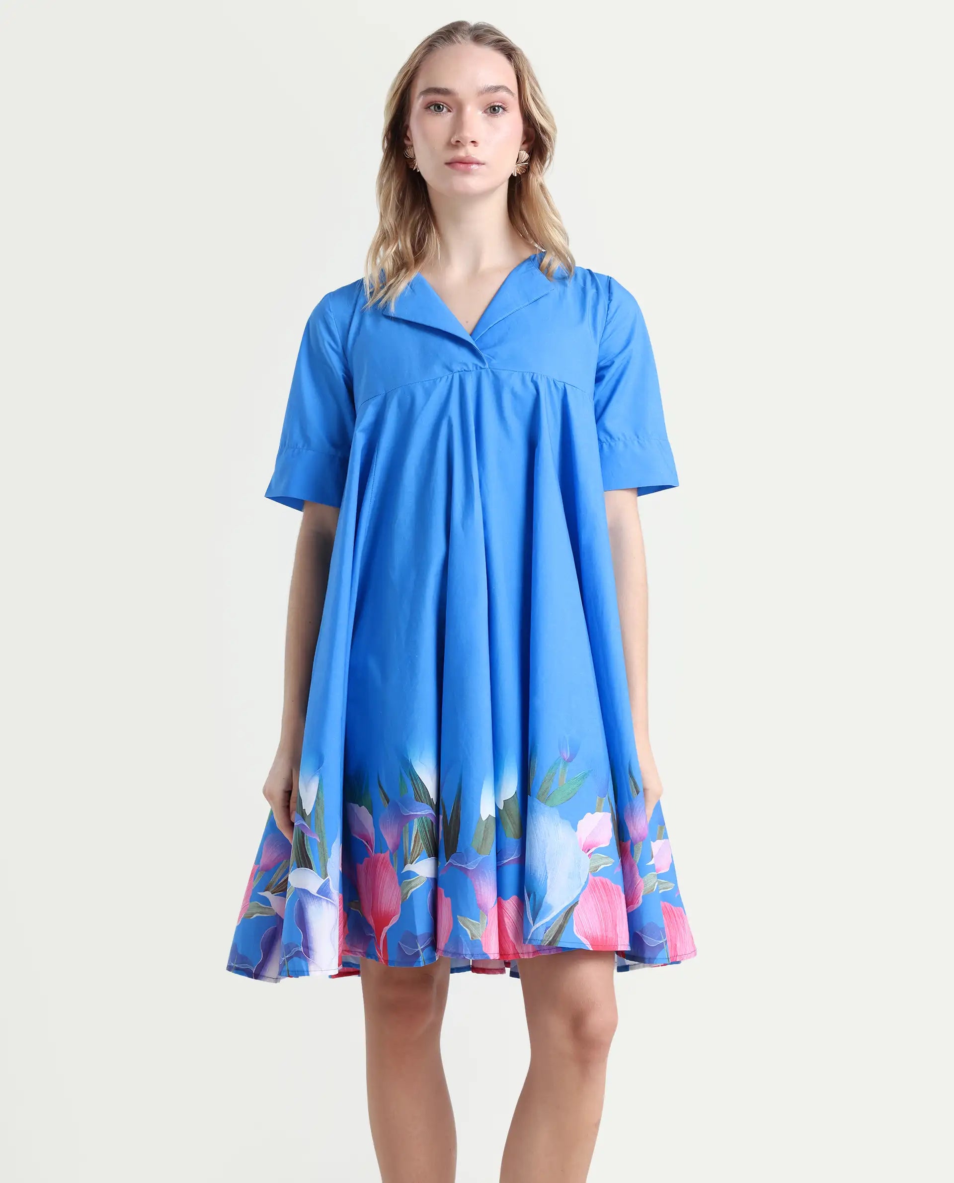 Rareism Women's Xender Blue Cotton Lapel Neck Floral Print Mini Flared Dress