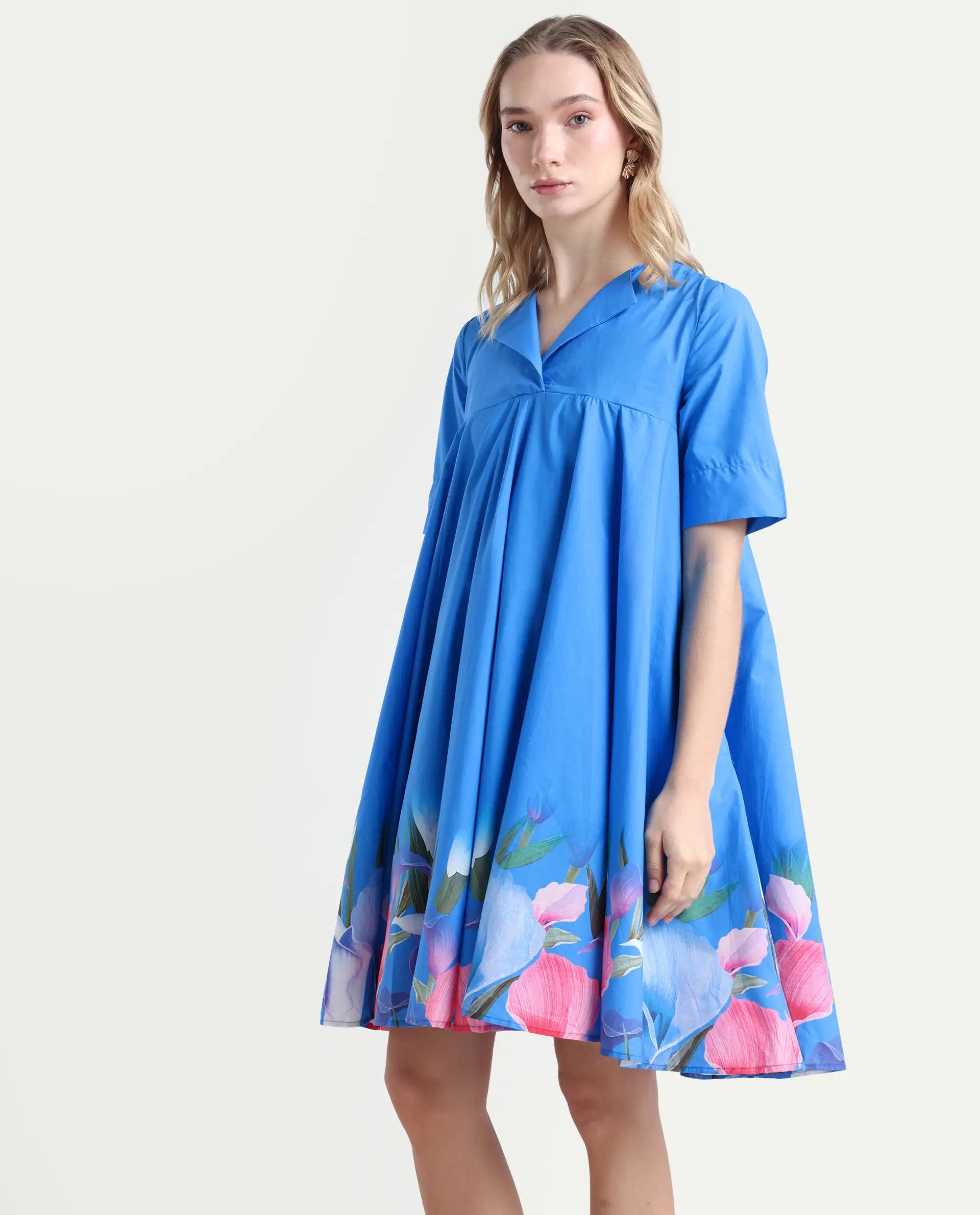 Rareism Women's Xender Blue Cotton Lapel Neck Floral Print Mini Flared Dress