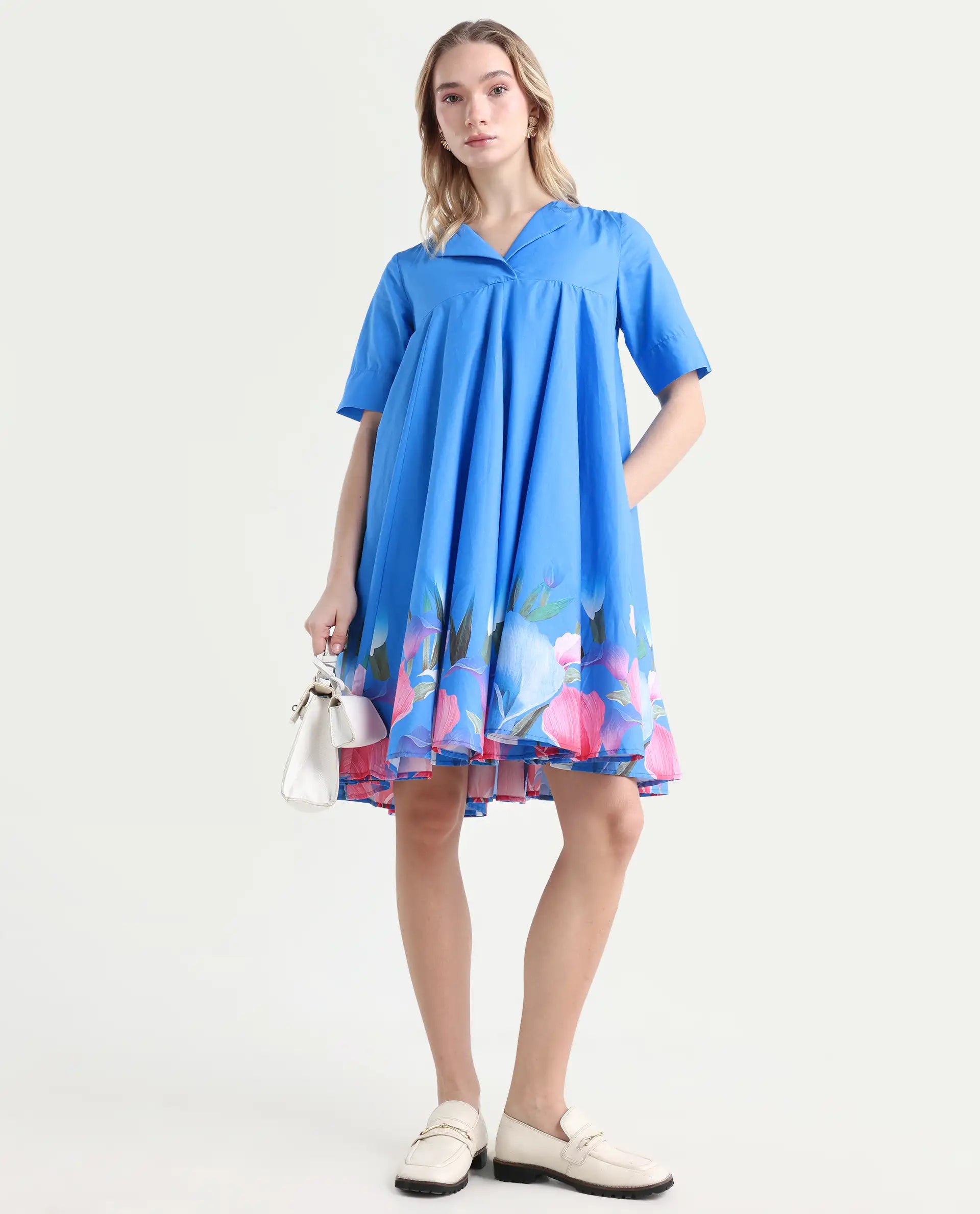 Rareism Women's Xender Blue Cotton Lapel Neck Floral Print Mini Flared Dress