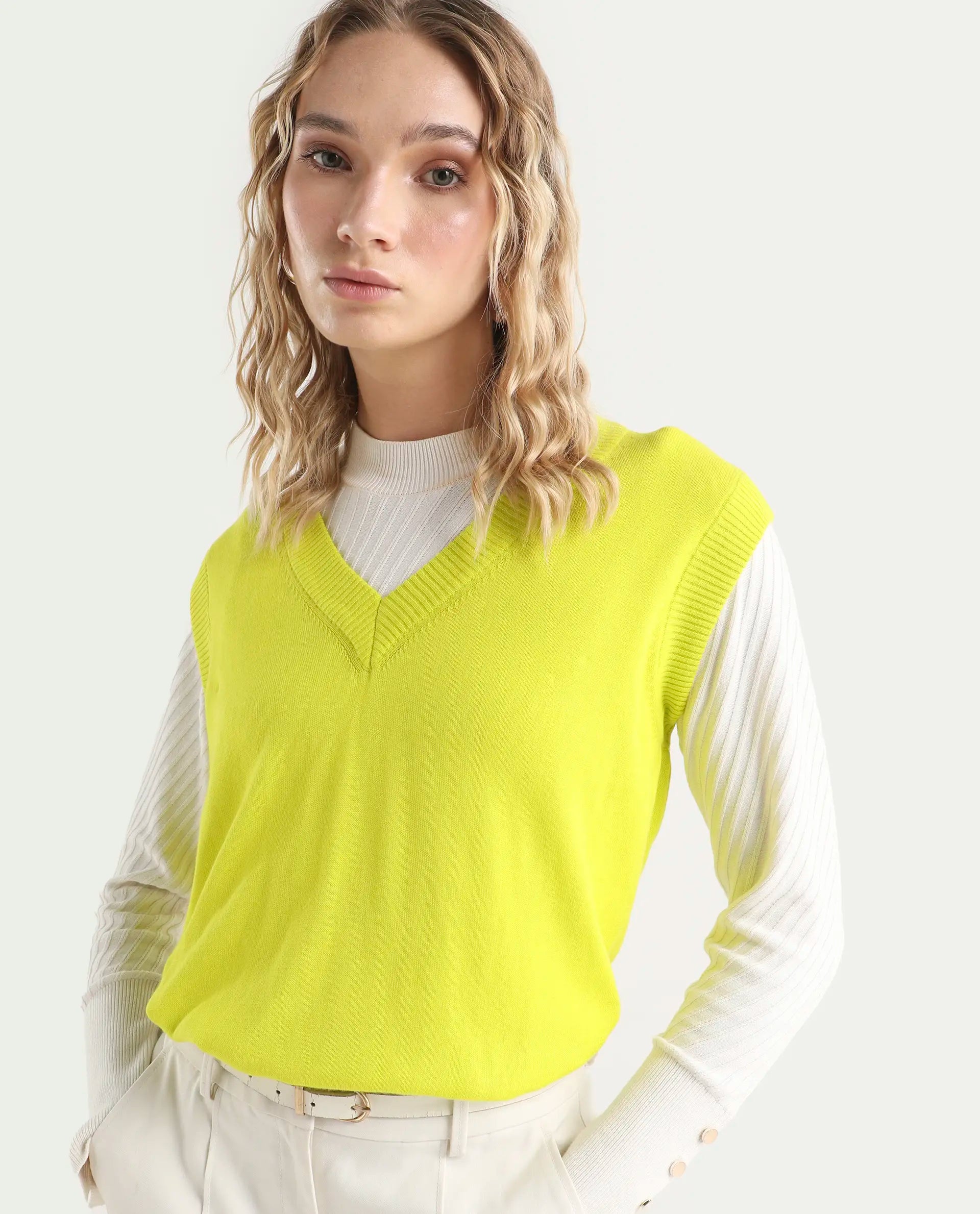 Rareism Women's Madelyn Green Cotton V-Neck Plain Sleeveless Regular Fit Sweater