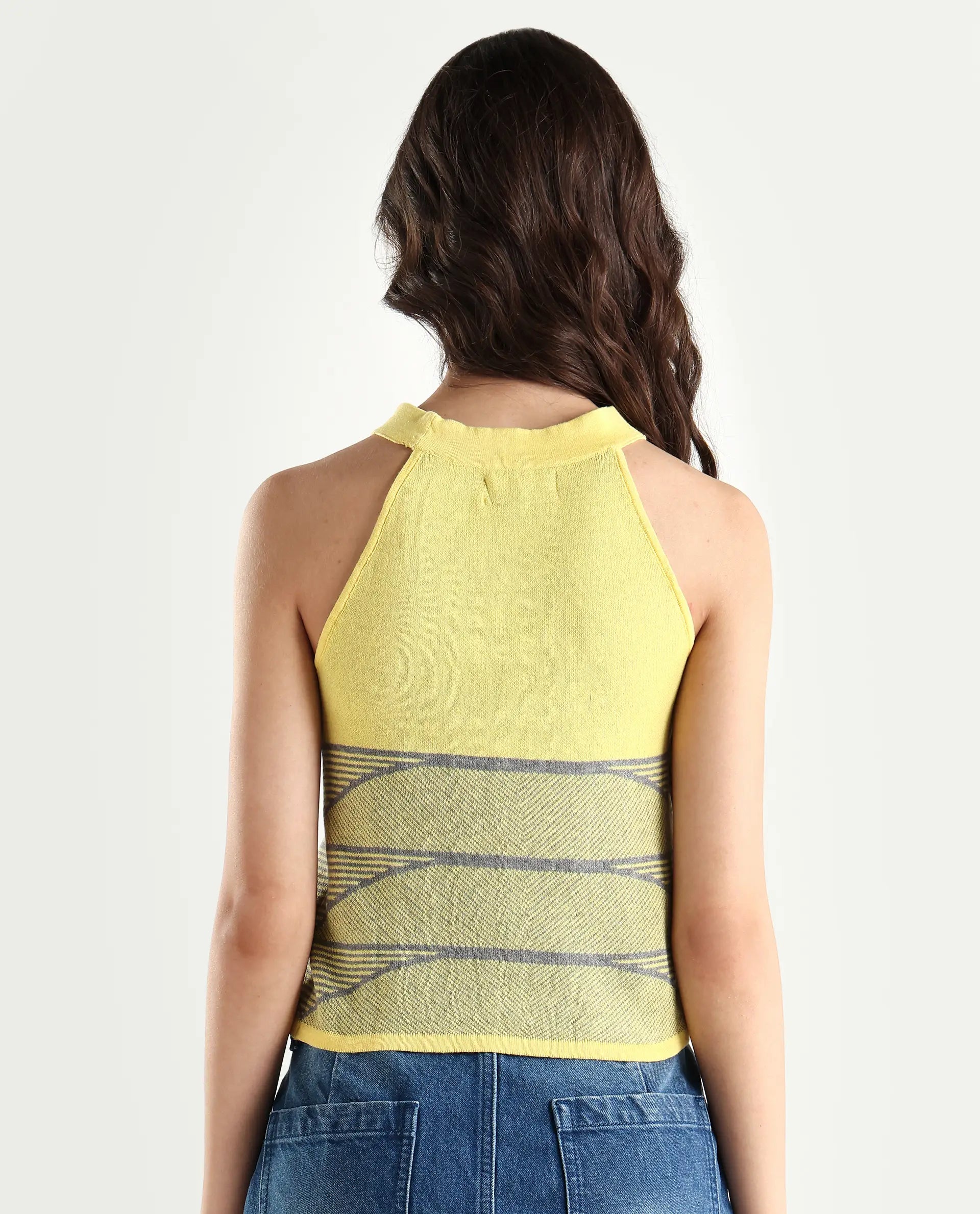 Rareism Women's Lila Yellow Cotton Halter Neck Textured Sleeveless Regular Fit Sweater
