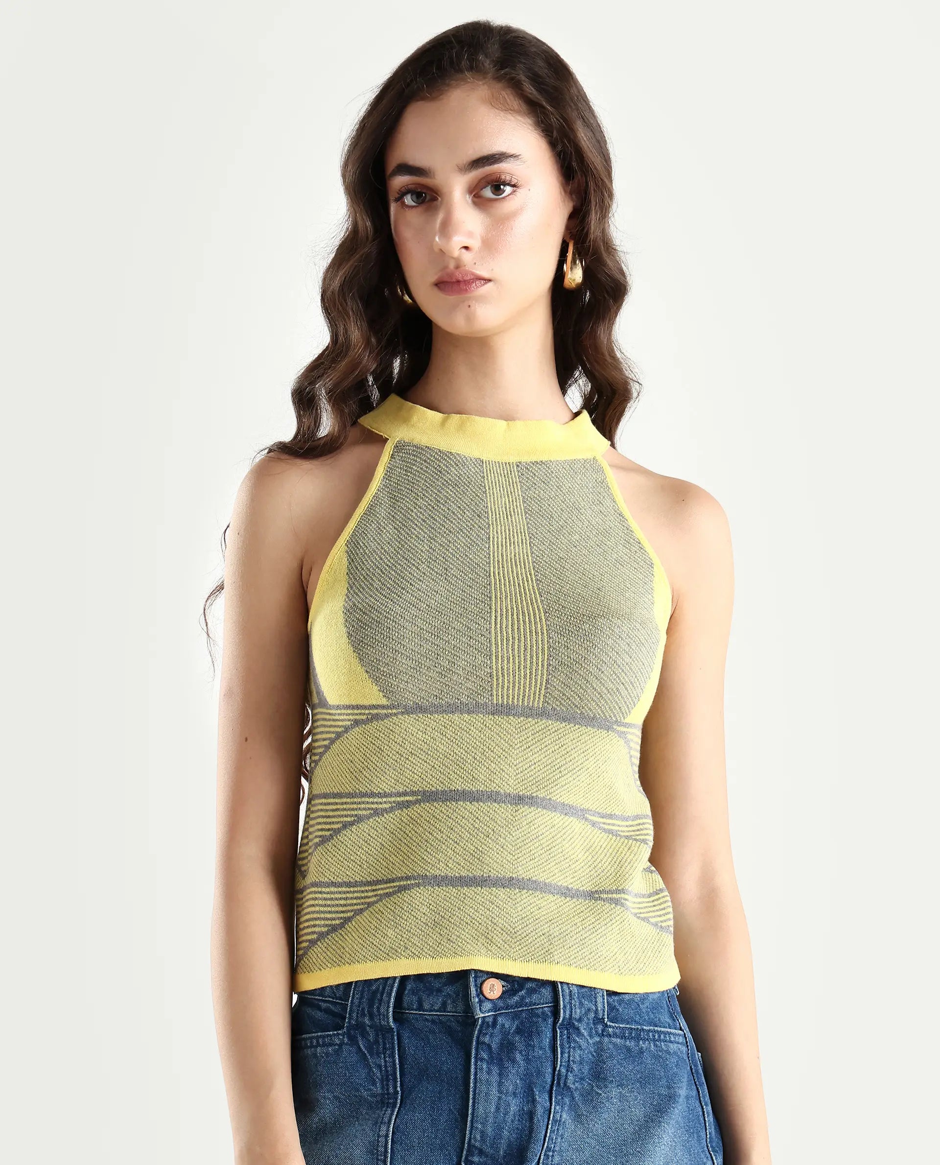 Rareism Women's Lila Yellow Cotton Halter Neck Textured Sleeveless Regular Fit Sweater
