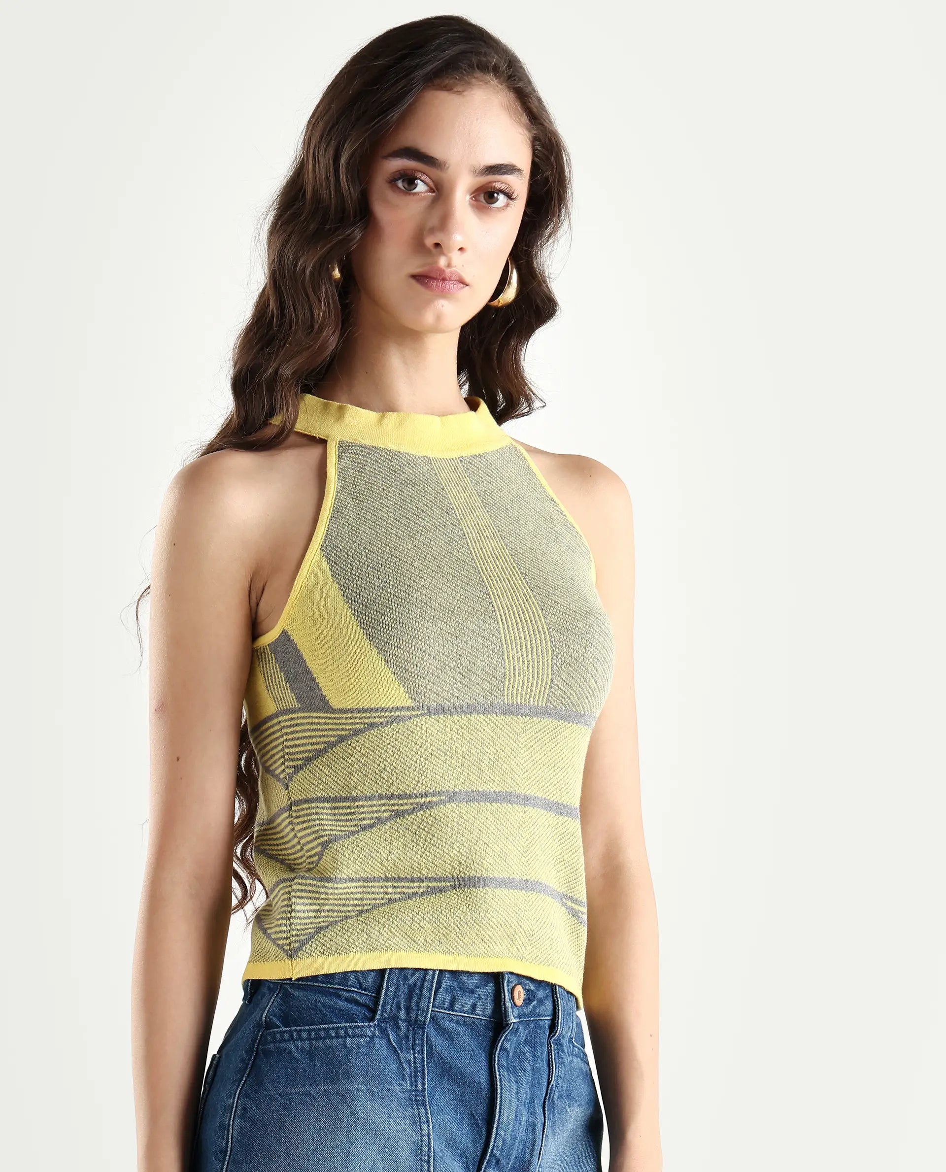 Rareism Women's Lila Yellow Cotton Halter Neck Textured Sleeveless Regular Fit Sweater