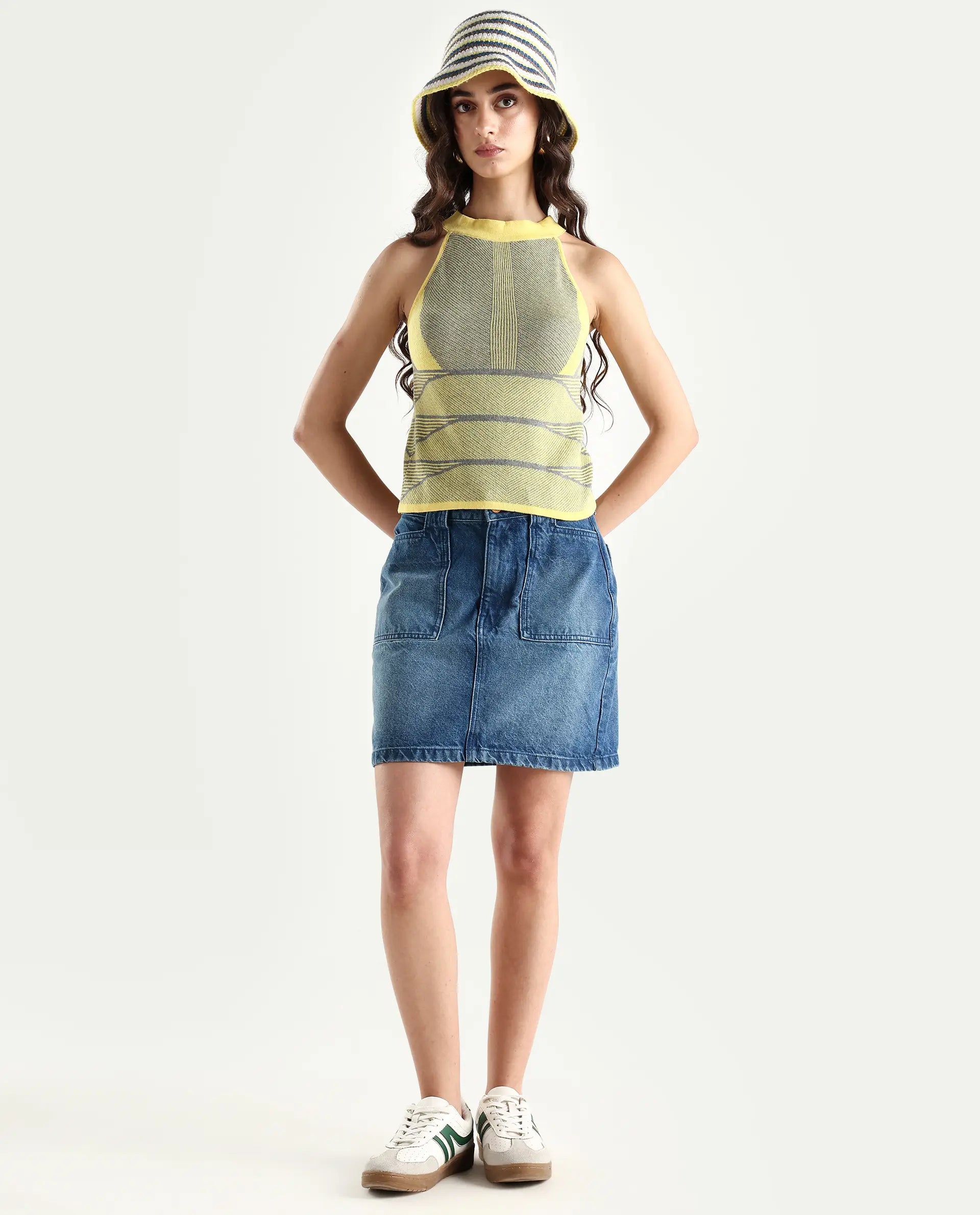 Rareism Women's Lila Yellow Cotton Halter Neck Textured Sleeveless Regular Fit Sweater