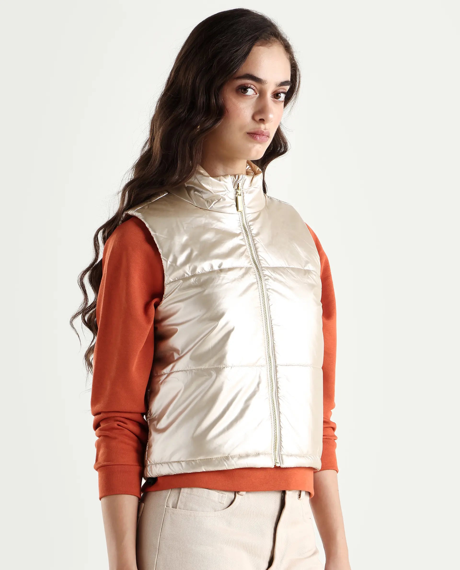 Rareism Women's Mindy Beige Polyester High Neck Plain Sleeveless Regular Fit Jacket