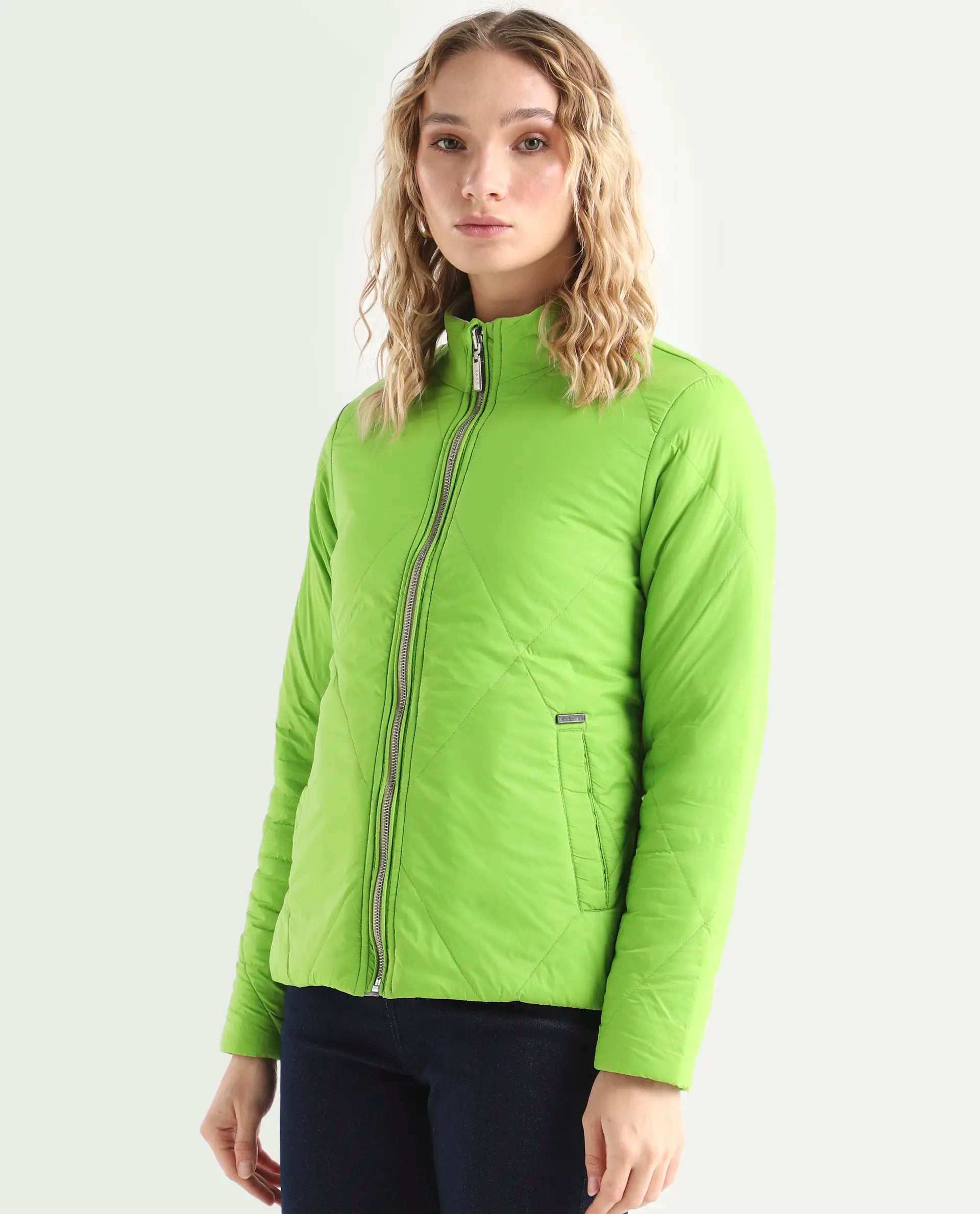 Rareism Women's Cora Green Polyester High Neck Plain Regular Fit Jacket