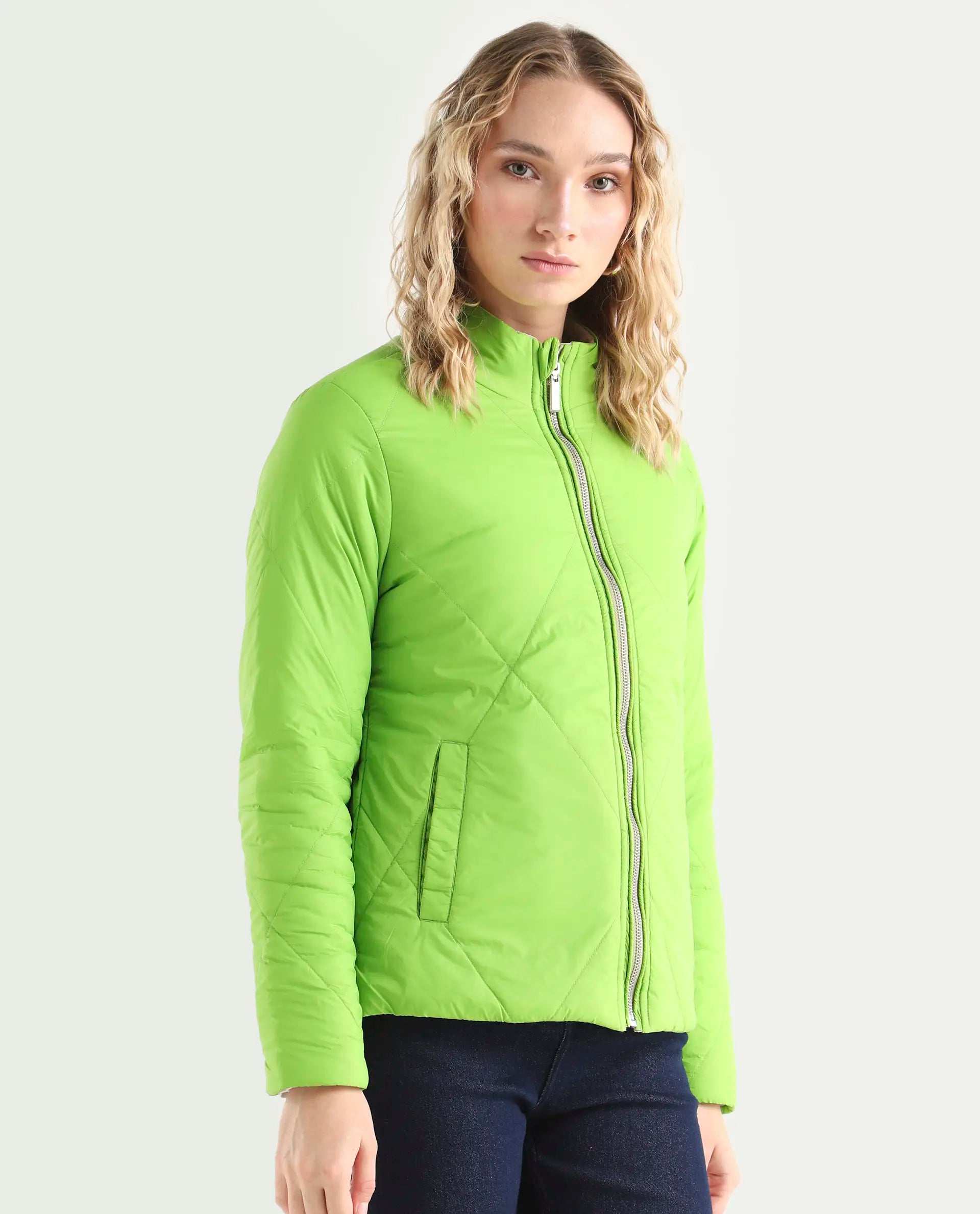 Rareism Women's Cora Green Polyester High Neck Plain Regular Fit Jacket