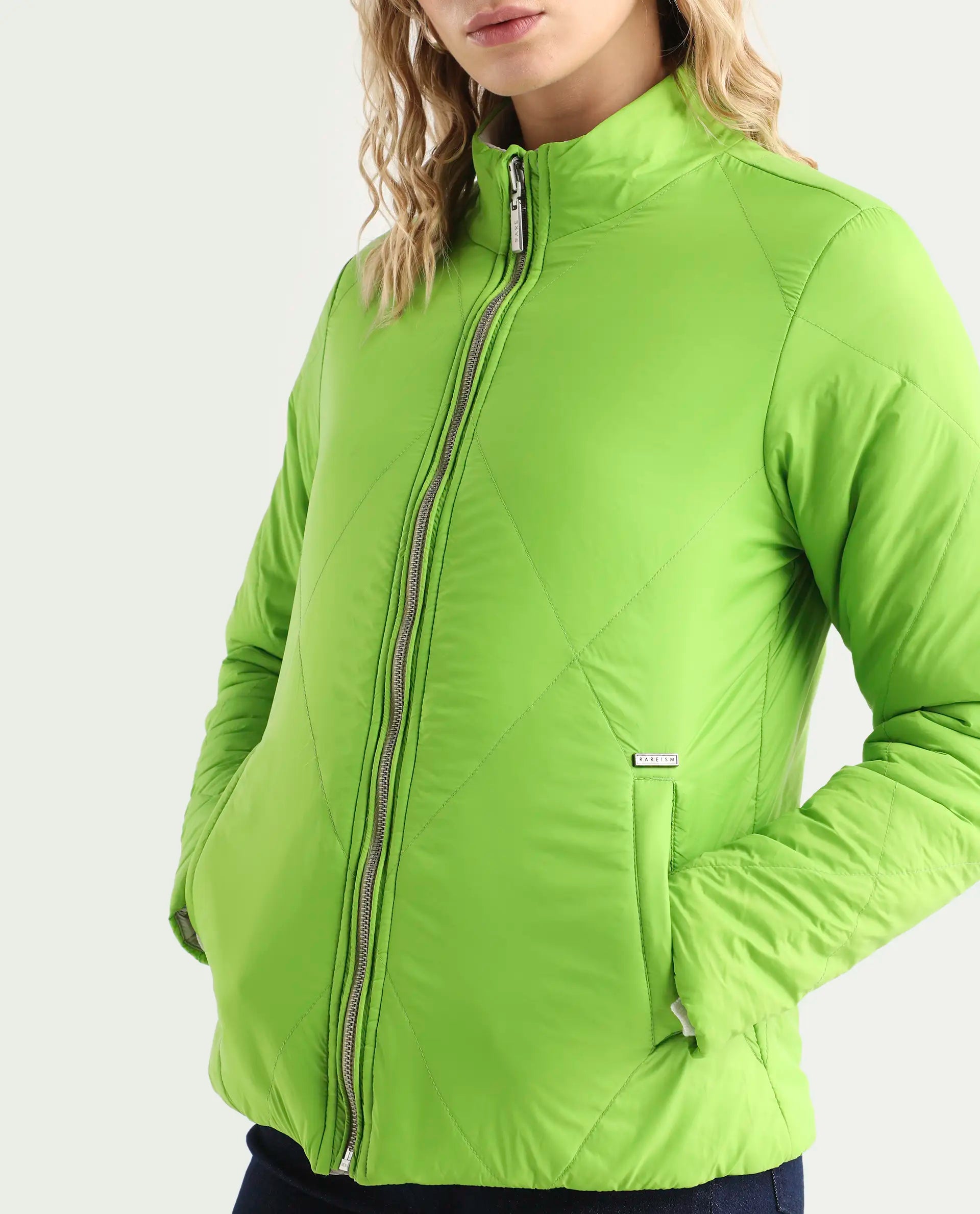 Rareism Women's Cora Green Polyester High Neck Plain Regular Fit Jacket