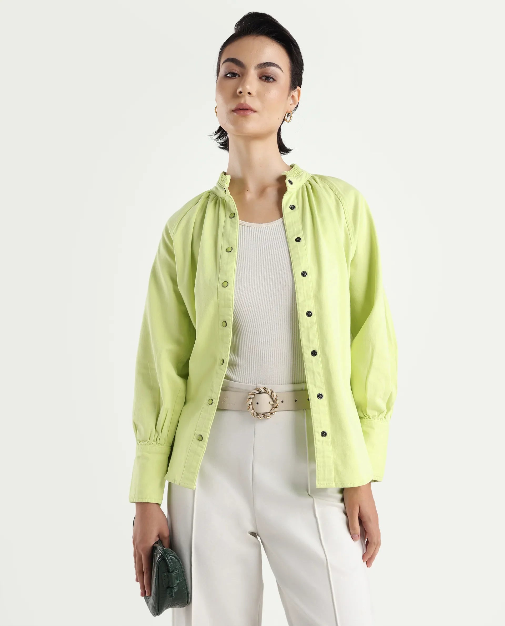 Rareism Women's Bellona Green Cotton Sweetheart Neck Plain Regular Fit Jacket