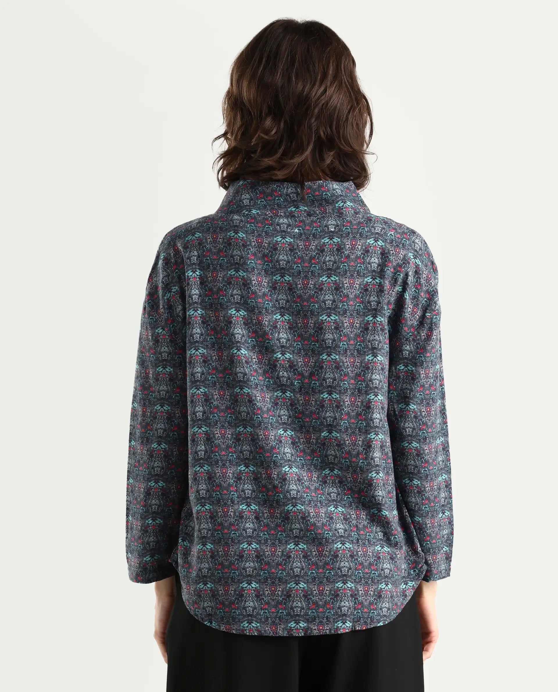 Rareism Women's Summary Grey Linen High Neck Geometric Print Tailored Top