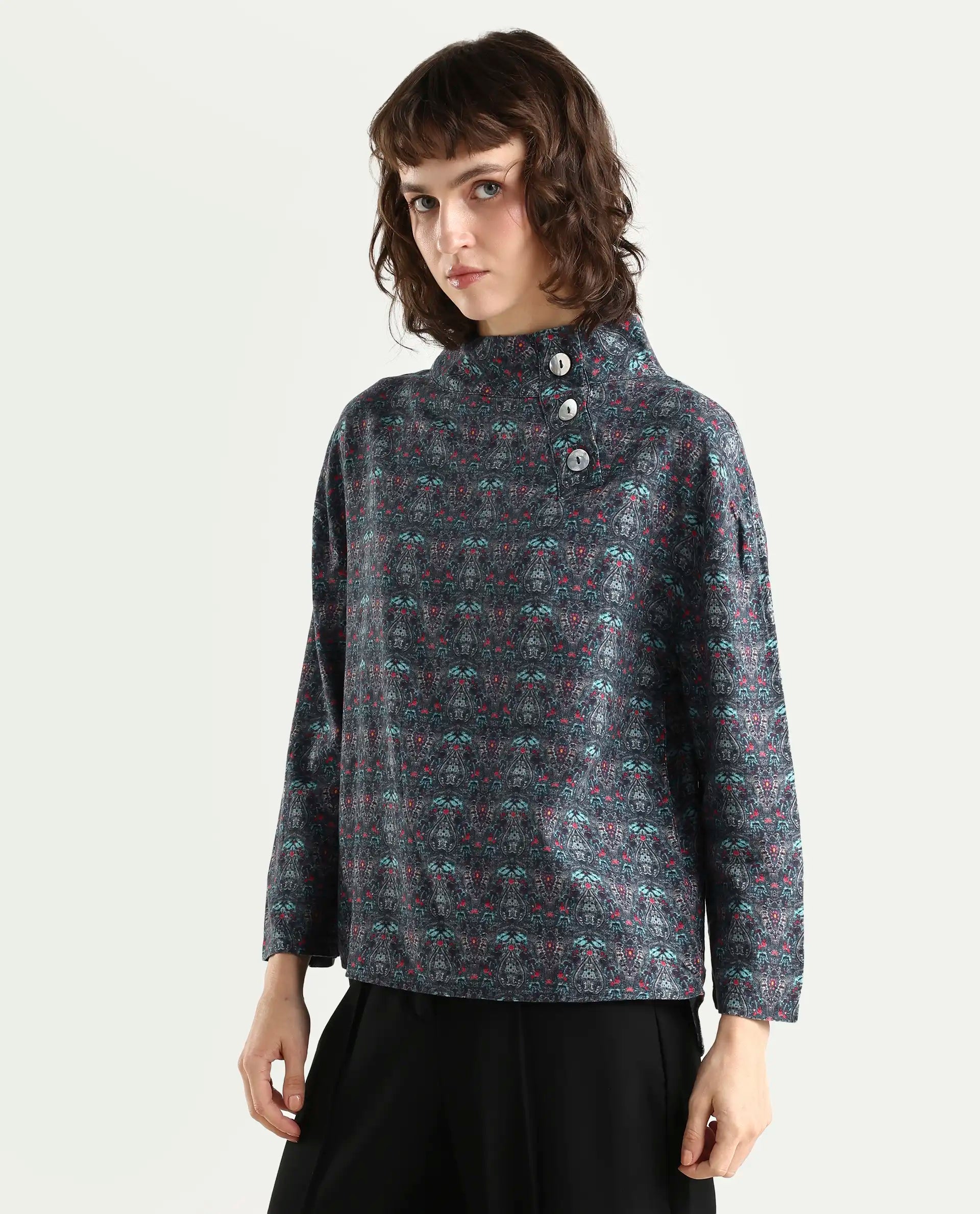 Rareism Women's Summary Grey Linen High Neck Geometric Print Tailored Top