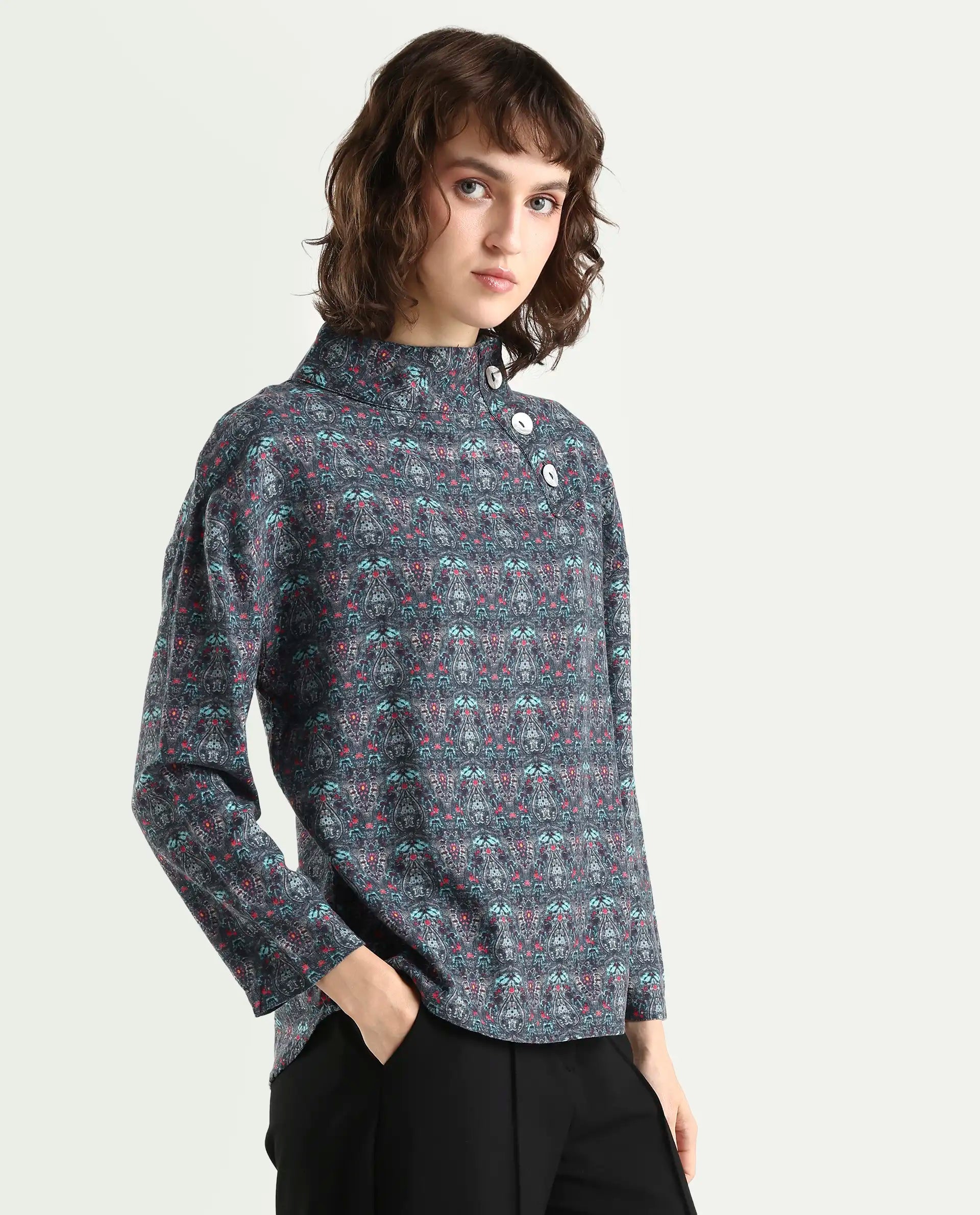 Rareism Women's Summary Grey Linen High Neck Geometric Print Tailored Top