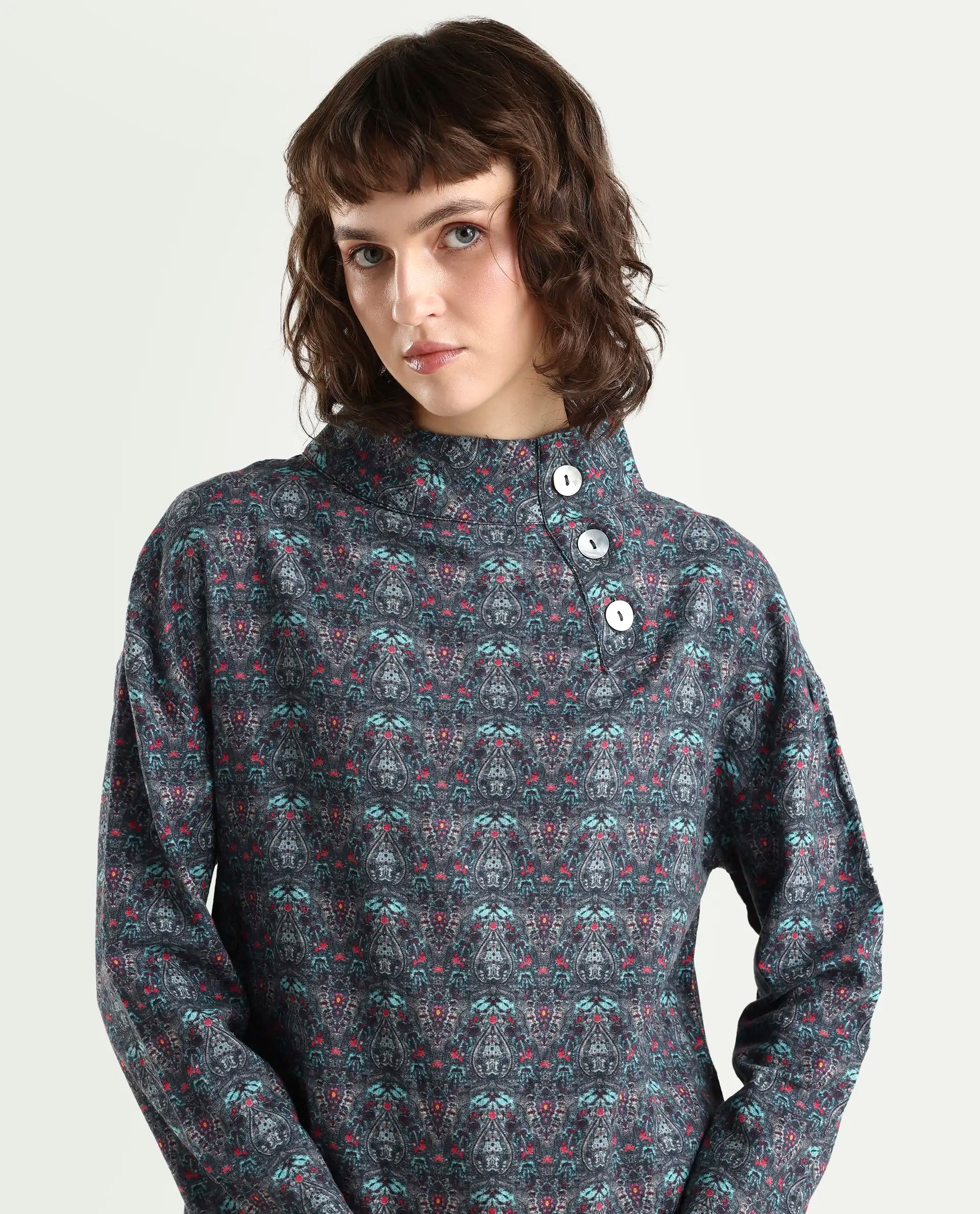 Rareism Women's Summary Grey Linen High Neck Geometric Print Tailored Top